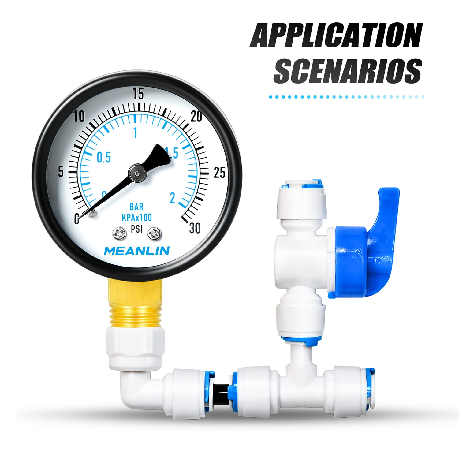 MEANLIN MEASURE 0-30Psi 2" DIAL FACE 1/4"NPT Well Pump Pressure Gauge with 1/2"NPT and 3/8"NPT Adaptor, 3-2-3% Accuracy，Lower Mount