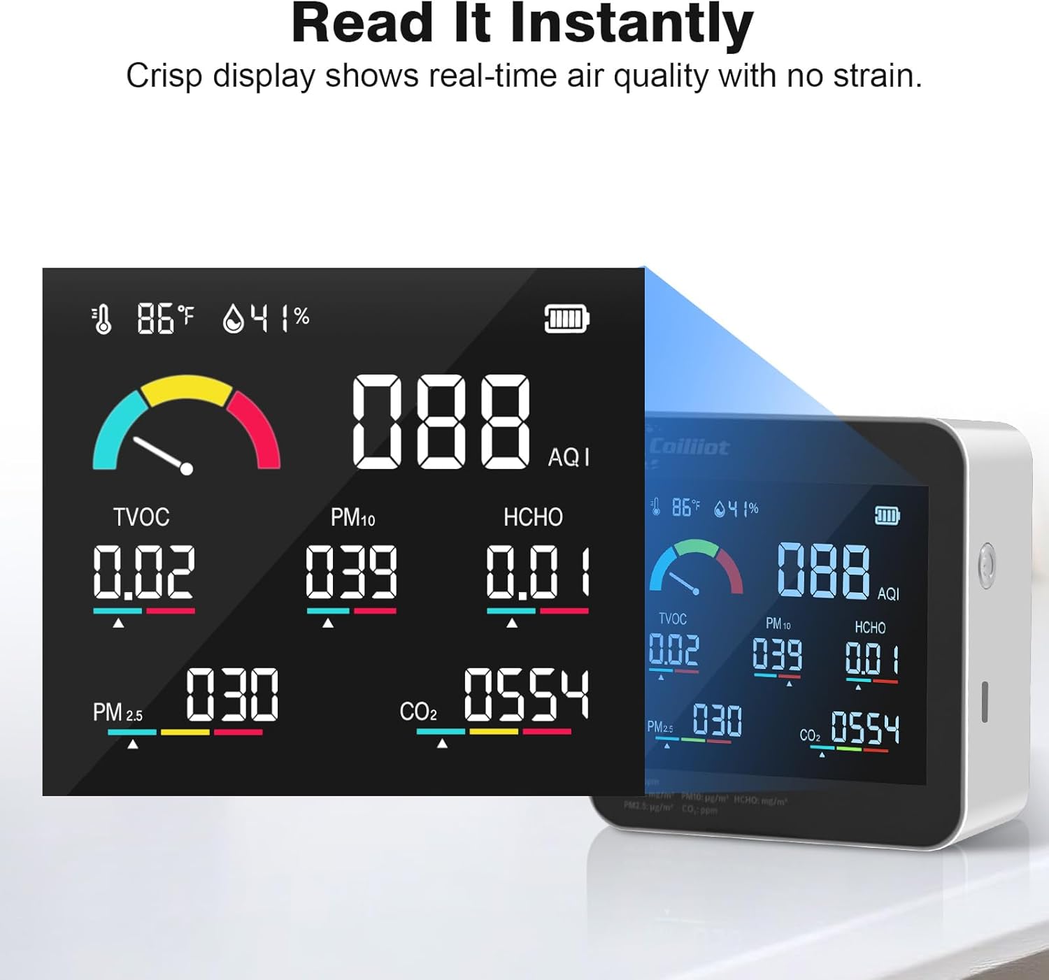 Air Quality Monitor Indoor – CO2 Detector, VOC Meter and AQI Tester Tracks TVOC, HCHO, PM2.5 & PM10 with Temperature & Humidity Sensor for Home Office (White)
