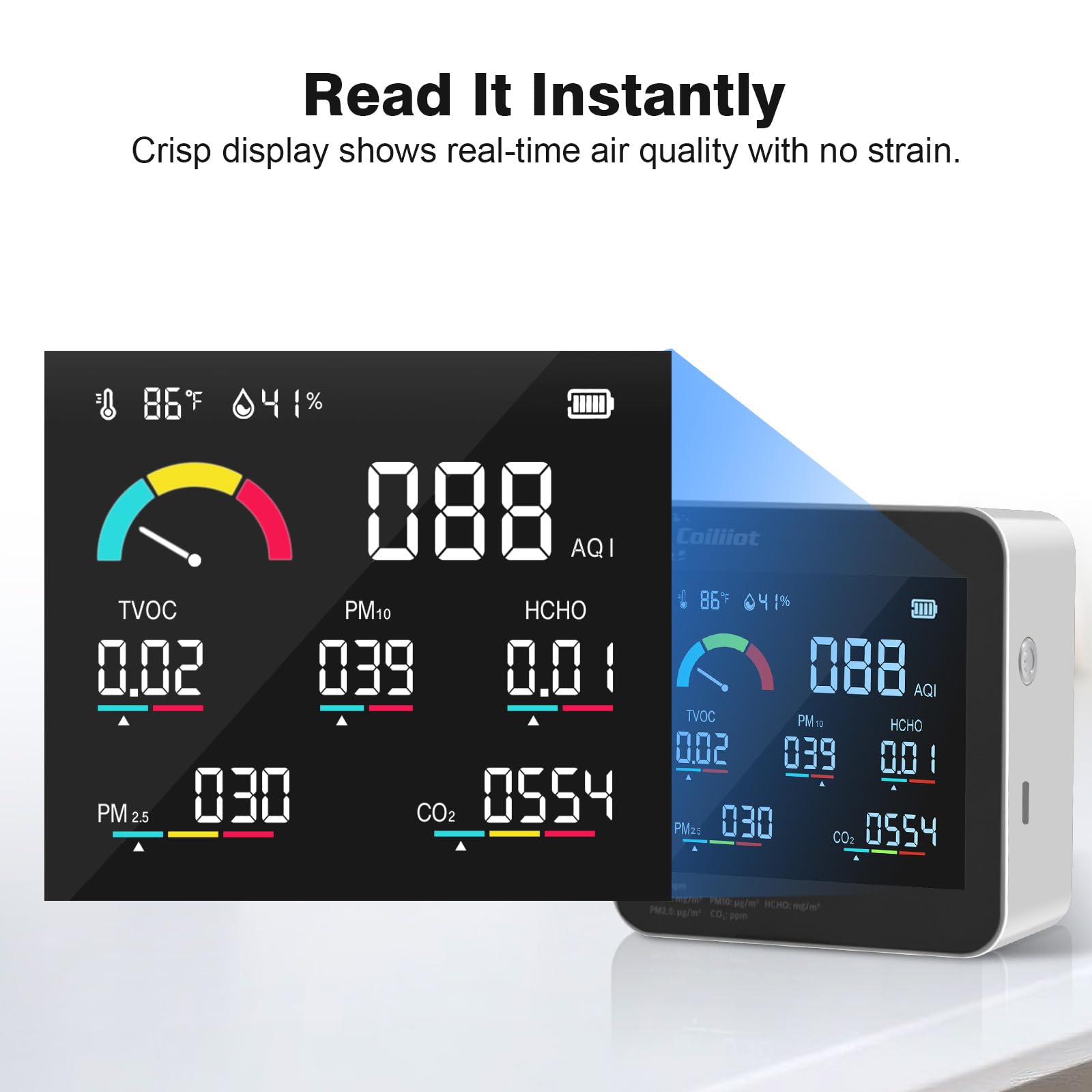 Monitor de calidad del aire interior, detector de CO2 HCHO TVOC PM2.5/PM10 con medidor de temperatura y humedad, probador de AQI en tiempo real para oficina en casa (blanco)