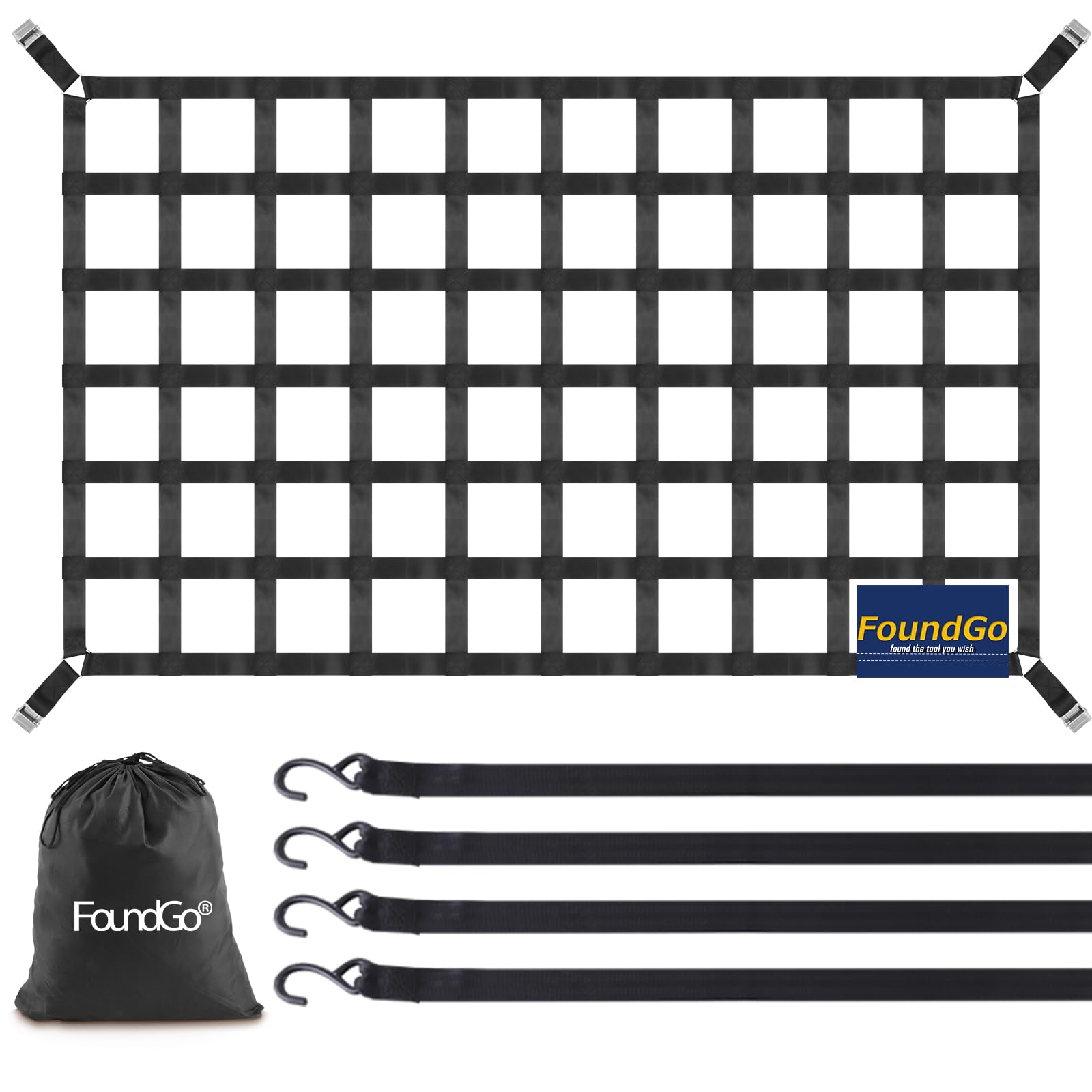FoundGo Red de equipaje para camioneta, superficie de carga, 208 x 127 cm, ancho de banda de 4,6 cm, resistente, resistente a desgarros, portón trasero, red de carga ajustable, para remolques de