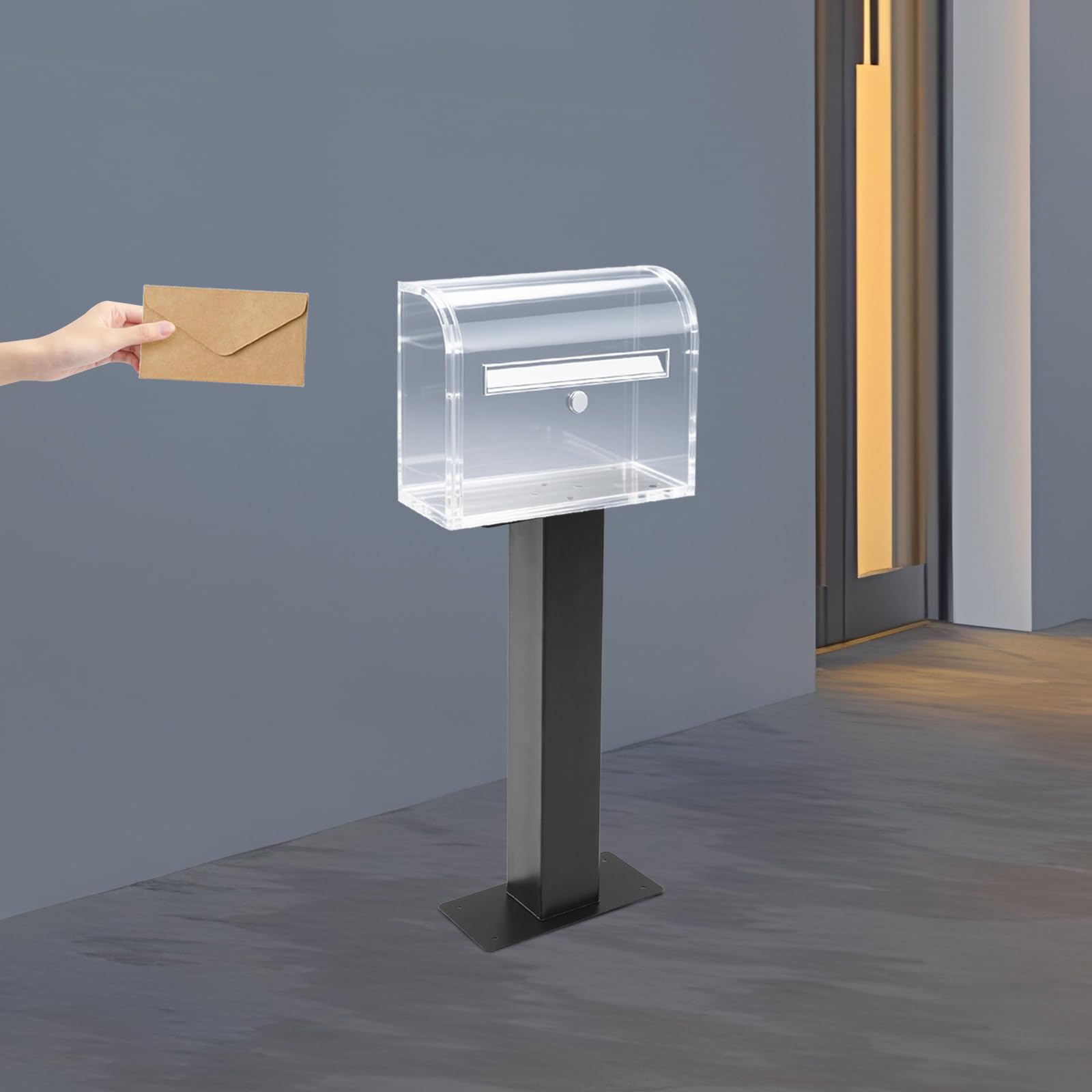 Supporto per cassetta delle lettere, montaggio a pavimento, nero, in acciaio al carbonio, portata 50 kg, resistente alle intemperie, adatto per cassette delle lettere standard DHL, con materiale di