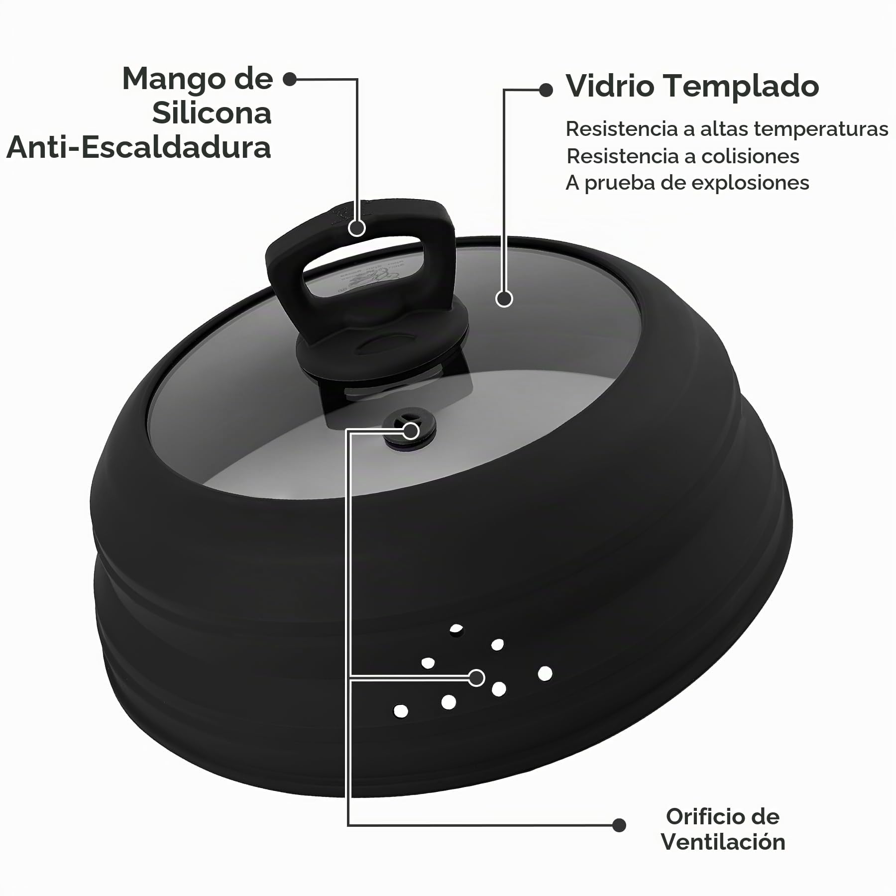 Cubierta de goteo para microondas, cubierta con asa para alimentos, plegable, silicona, cubierta con orificio de vapor para sartén o tazón (Negro, 10.5 Pulgadas)