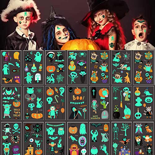 Lumineux Halloween Tatouage Temporaire Enfants (300Pcs), Brille dans Le Noir Étanche Tatouages éphémères Citrouille Squelette Sorciere Tattoos pour Fille garçons Halloween Fete Cadeau Pinata Cover