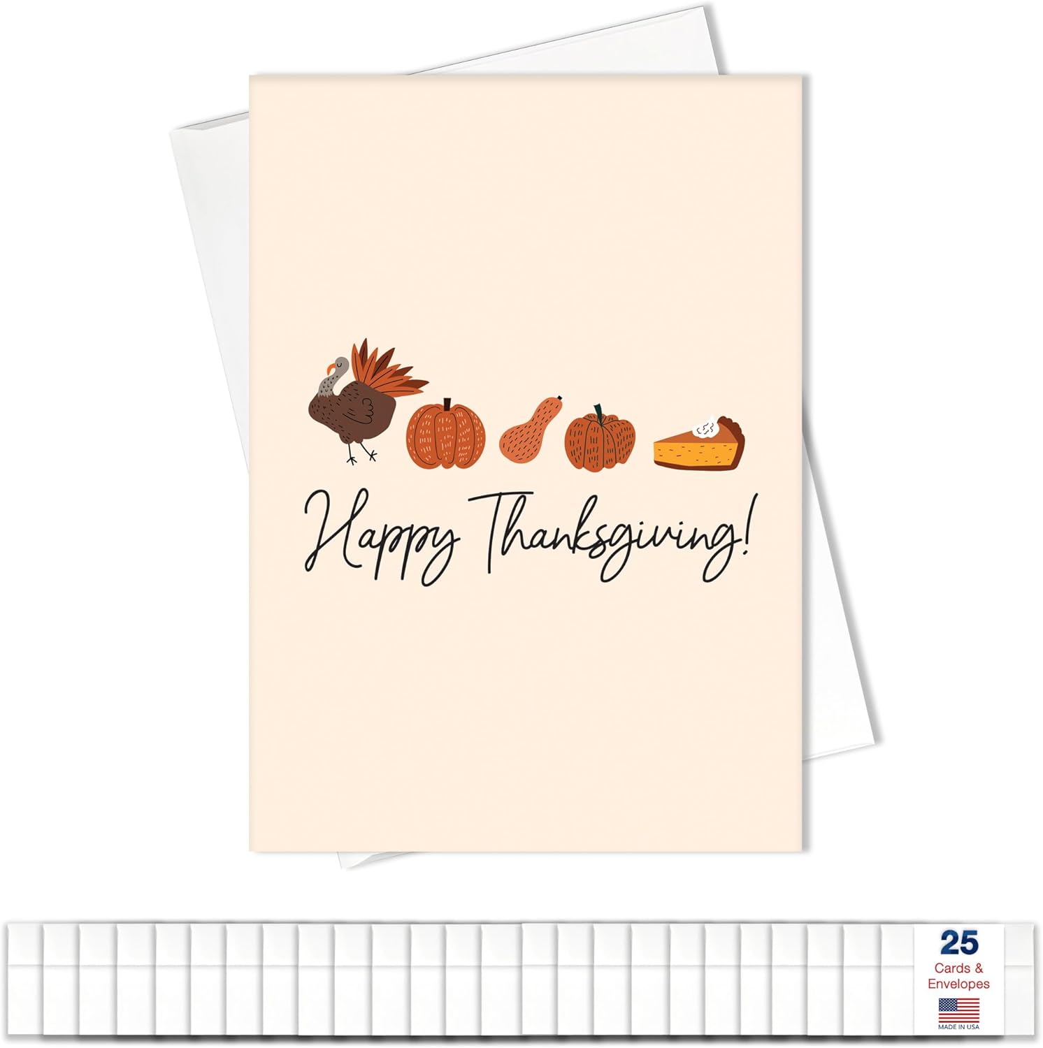 Happy Thanksgiving Cards with Envelopes for Family and Business (Thanksgiving Icons) Bulk 25 Pack of Greeting Cards with Envelopes (5x7 inch - A7) Office, Employees & Clients (TH2404) Made in USA