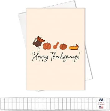 Happy Thanksgiving Cards with Envelopes for Family and Business Thanksgiving Icons Bulk 25 Pack of Greeting Cards with Envelopes 5x7 inch - A7 Office, Employees & Clients TH2404 Made in USA