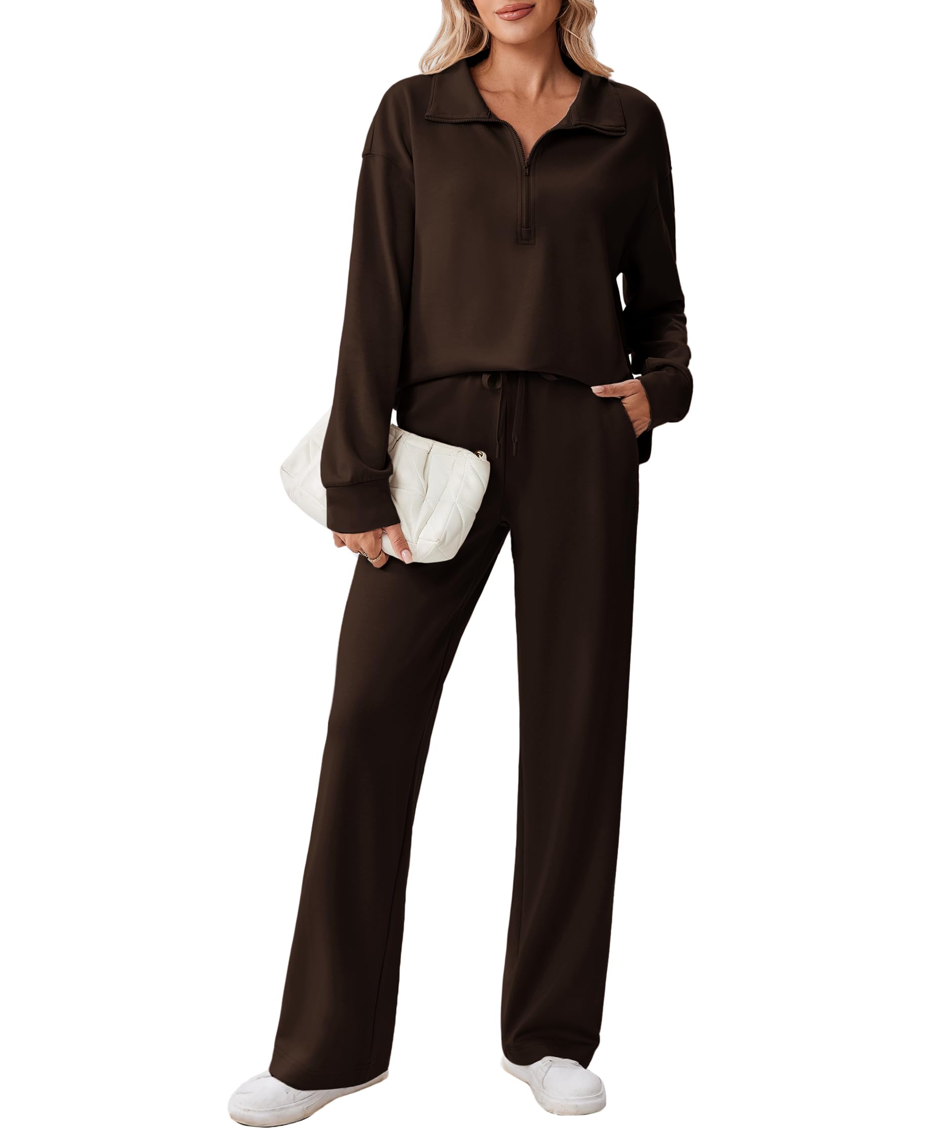 PINSPARK 2 Piece Sets for Women 1/2 Zip Sweatsuit 2026 Matching Outfit Fall | Lightweight Air Layer Fabric, Loose Fit Sweatshirt, Straight Leg Pants with Pockets, Soft Lounge Sets, Airport Outfits Wom