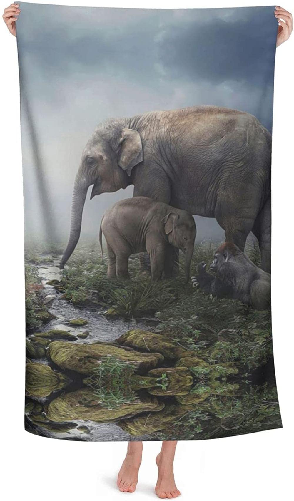Toalla de Playa Grande 80x130cm,Elefante y niña ,Toalla Microfibra,Suave,Absorbente Viaje Toallas de Mano de Hombres,Niños,Natación,Playa,Camping