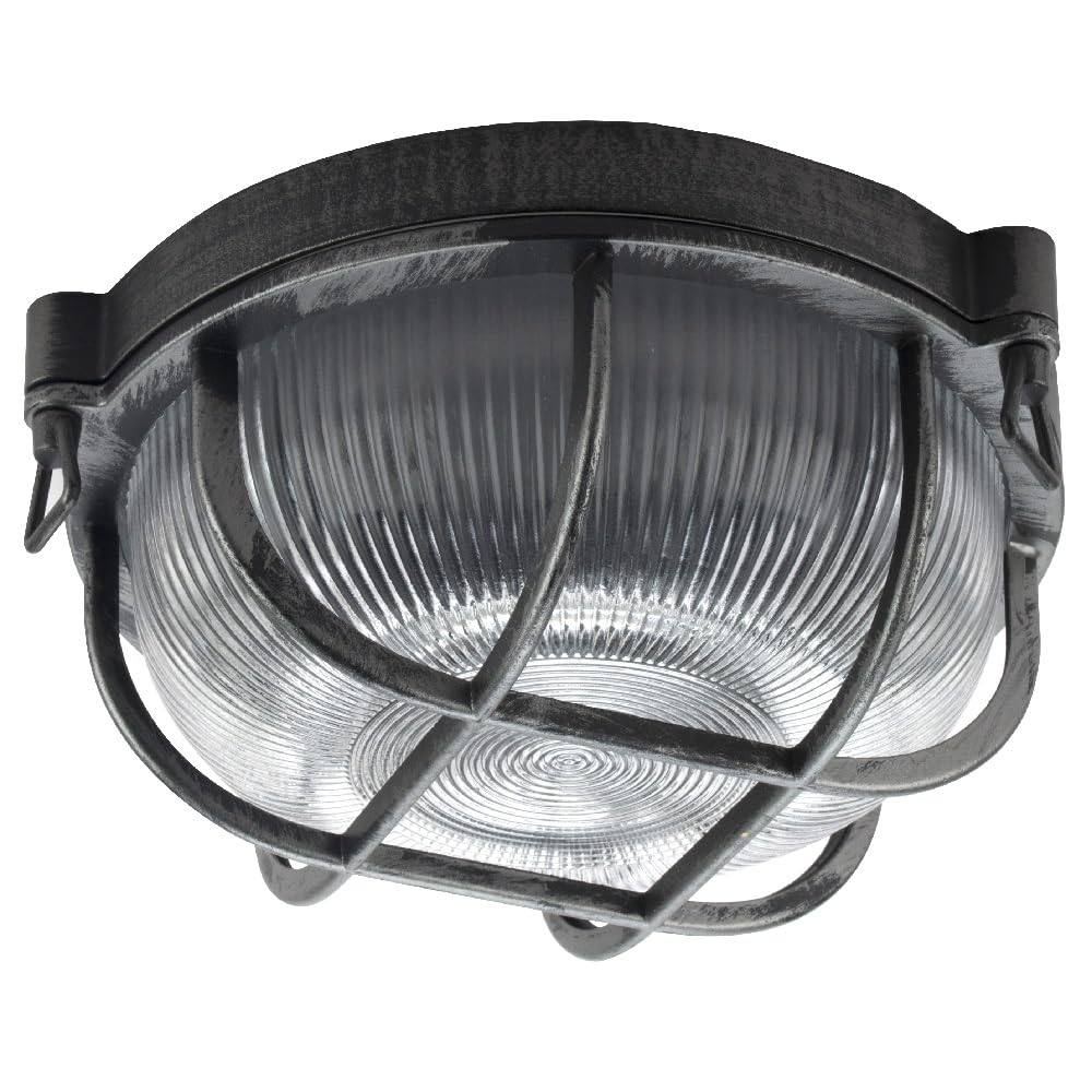 Britalia Antique Silver & Ribbed Glass Outdoor Vintage Round Flush Bulkhead Wall Light | 27Cm Diameter | Ip44 Rated | 1 X Es E27 Lamp Bulb Required | Bathroom Use | Uk Approved | Low Profile Height 11Cm