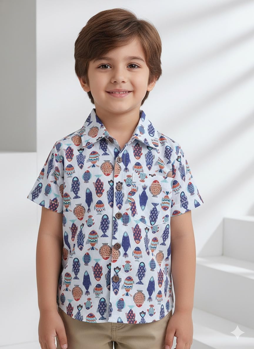 Niren Enterprise Cotton Fabric Casual Half Sleeve Fish Printed Pattern Kids Boys Shirt White Multi Colour 2