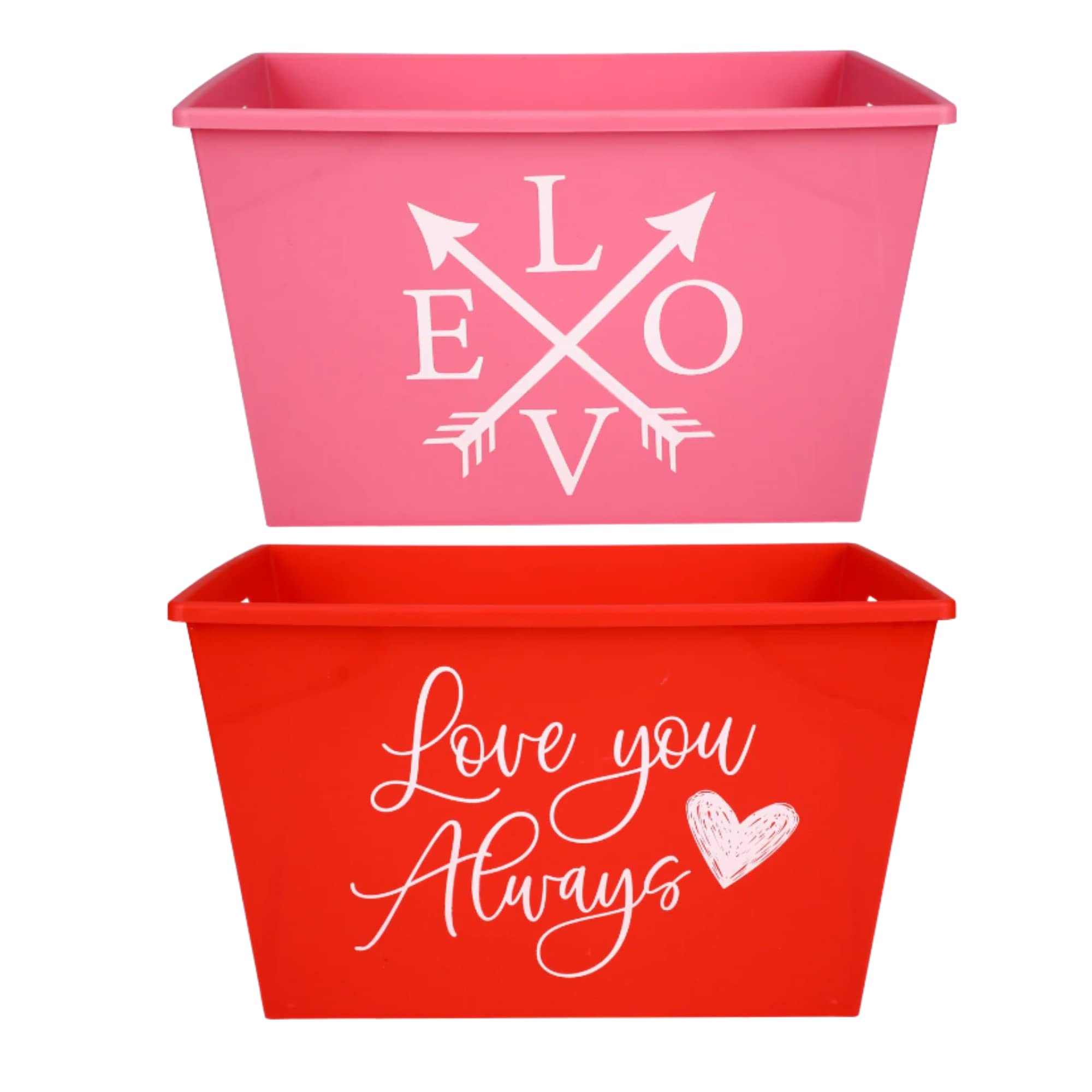 LLE Valentines Day Rectangular Bins, Red Pink Multi-Use Plastic Basket with Built- in Handles for Home Kitchen Office School Storage Organizer, Closet