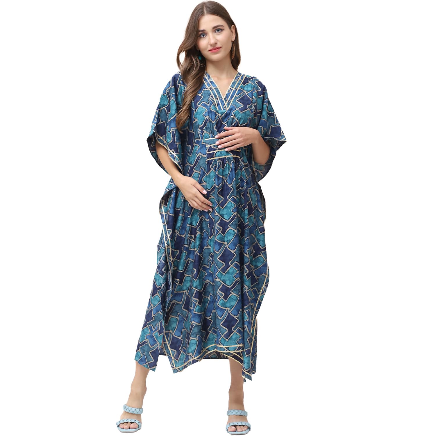 Geometric Print Chanderi Silk Maternity Kaftan Dress Calf Length/Feeding/Nursing/Zipper/Elasticated Waist/Printed-image-47