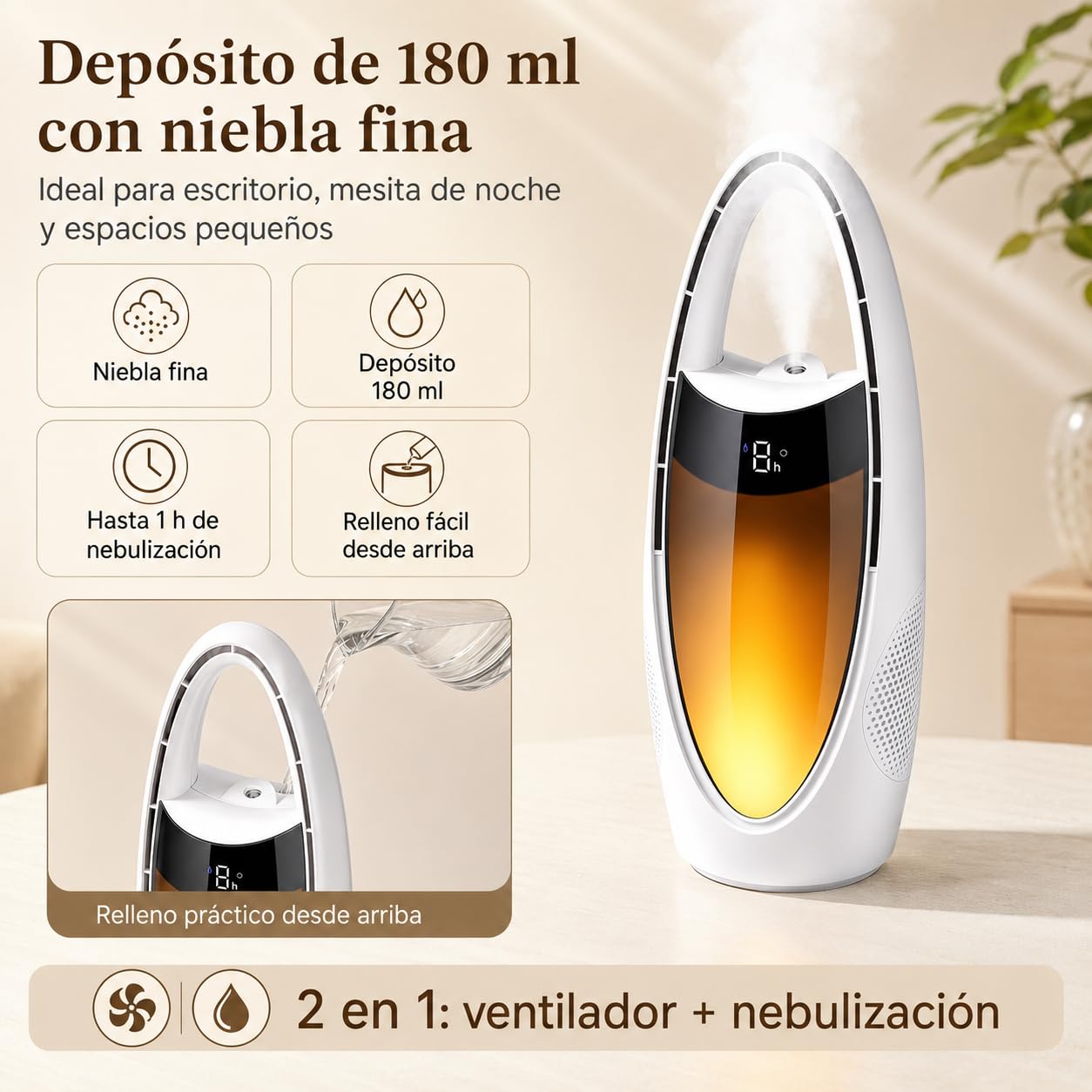 Ventilador sin Aspas con Nebulizador, Ventilador de Sobremesa Recargable 4000 mAh con Luz Nocturna LED, 9 Velocidades, Temporizador 1-9H, Oscilación 70°, USB para Dormitorio Oficina Camping (Weiß)