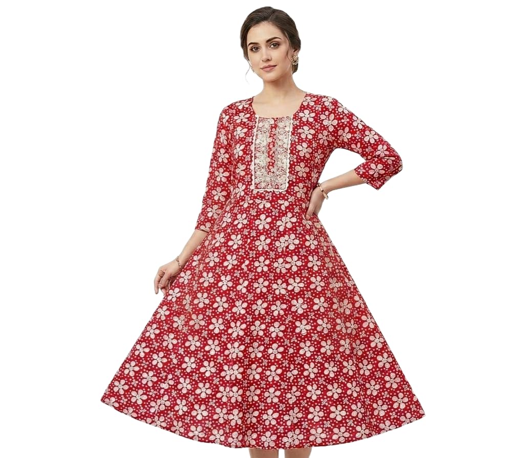 Women Rayon Cotton Printed Anarkali Dress Red-image-1