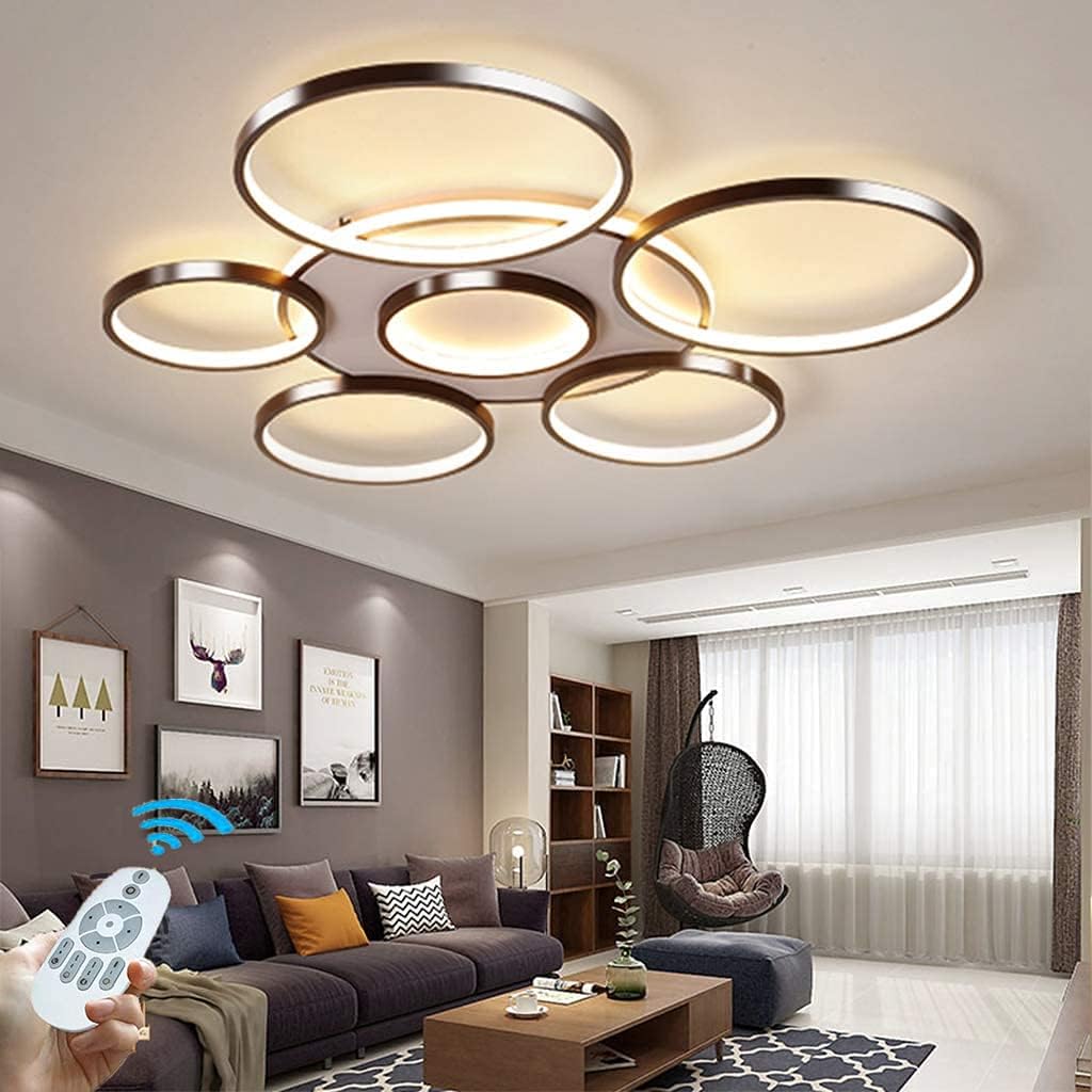 LED Ceiling Light Modern 7-Ring Living Room Ceiling Lamp Brown Round Circle Bedroom Ceiling Lamps fixture,3000K-6500K Dimmable with Remote Control Restaurant Indoor Ceiling Lighting,108W/Ø43.3in