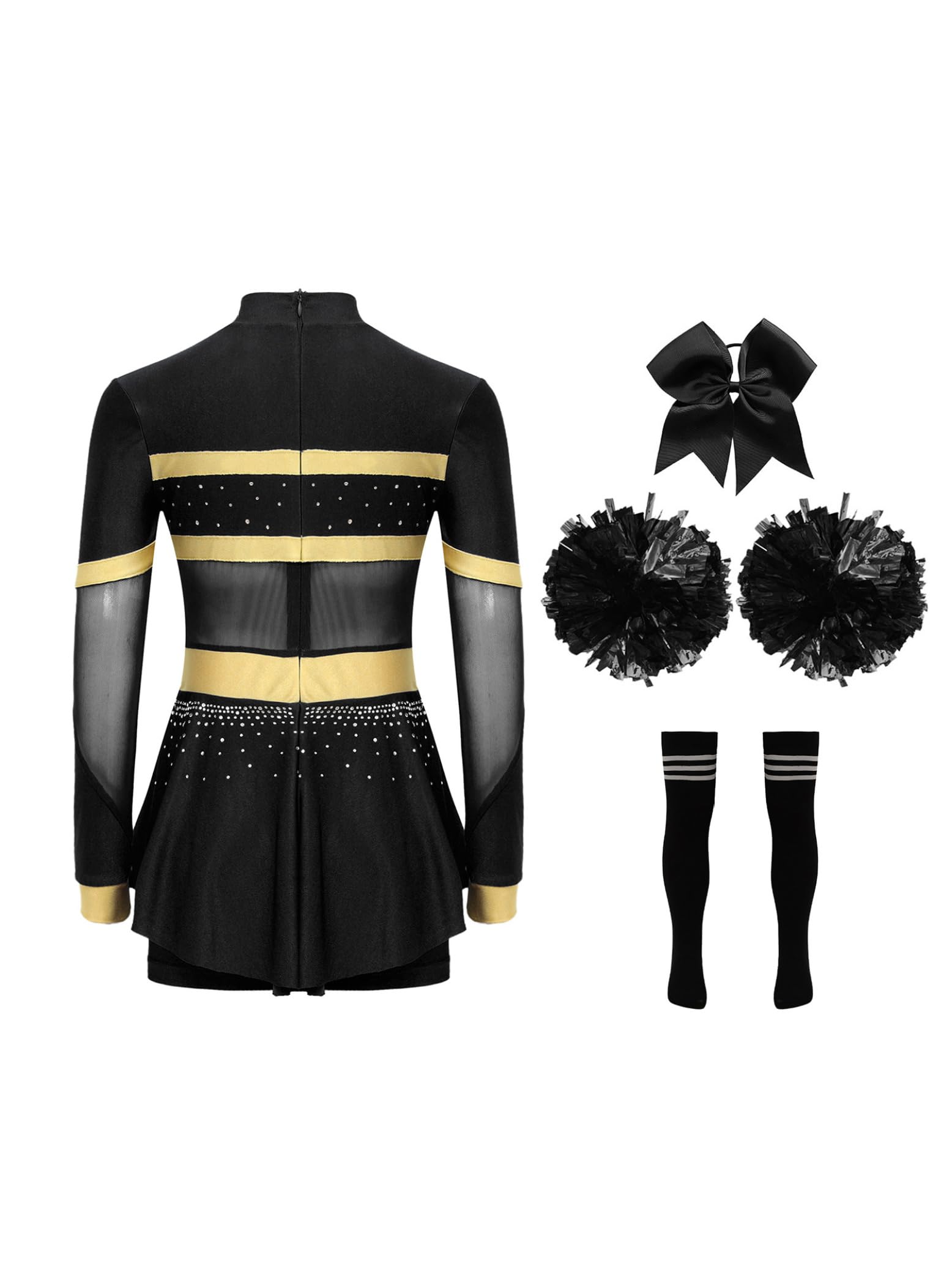 Eandarui Kids Girls Cheer Leader Costume Cheerleading Dance Jumpsuit with Hand Flower Bowknot Hair Ties Black A 10 Years