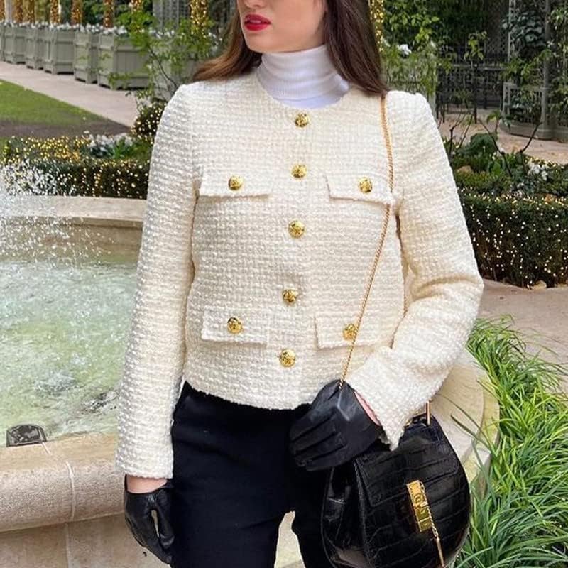 Womens Cropped Tweed Blazer Jackets 2025 Fall Winter Casual Business Work Suits Long Sleeve Coat Outfits4