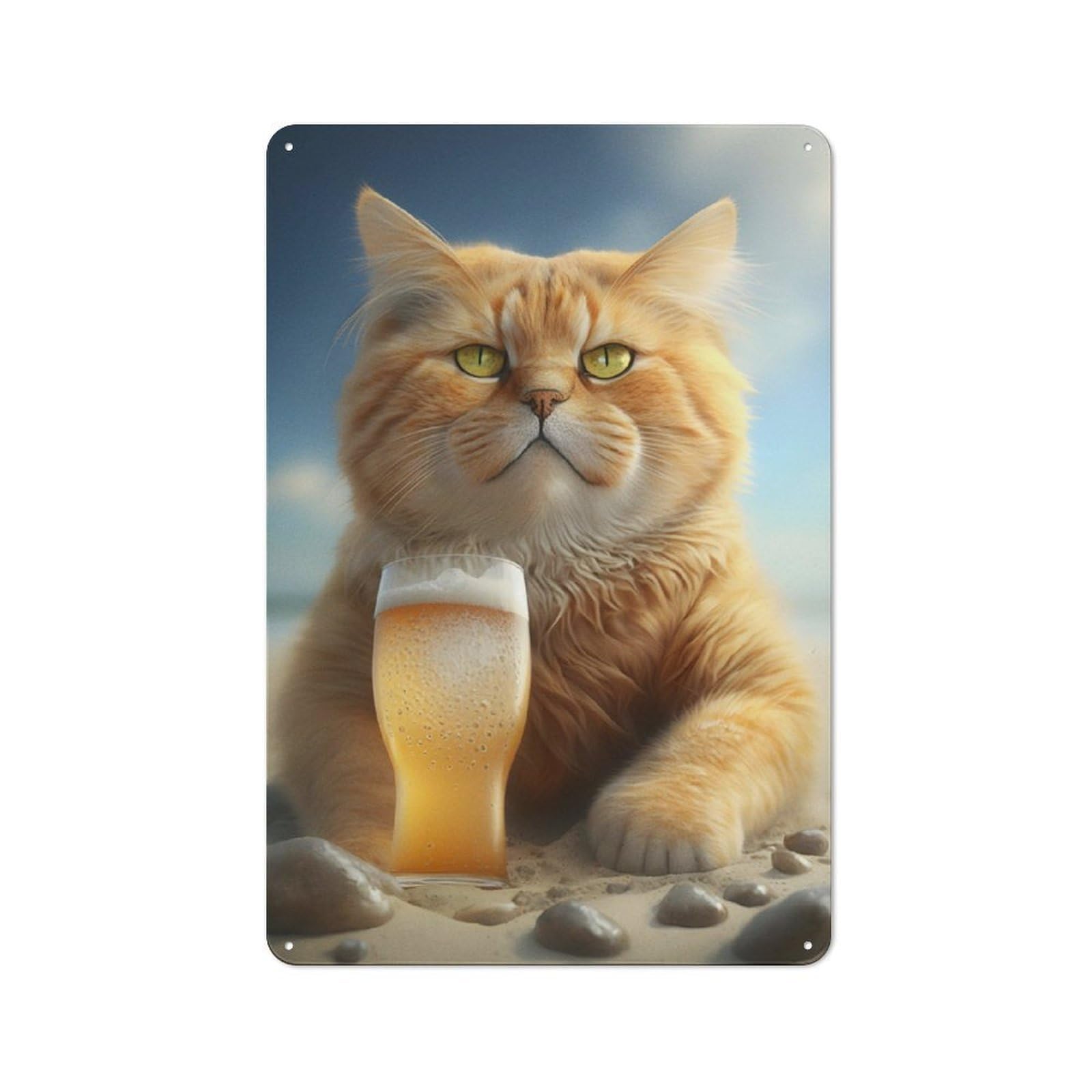 Junmoney Cat Drinking Beer Vintage Printed Metal Sign 30X20cm For Workshop Wall, A Decorative Gift For A Newly Furnished Workshop