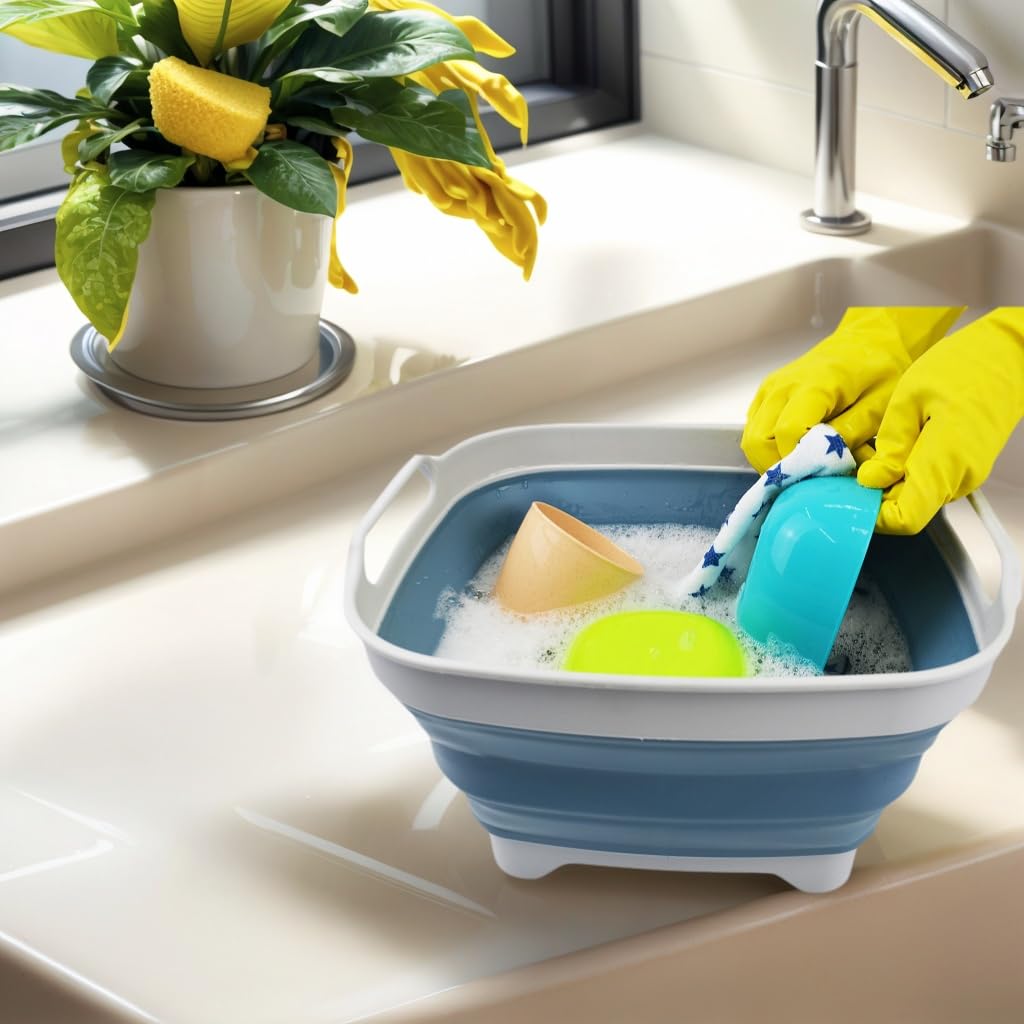 SAMMART Bassine à vaisselle pliable de 7,5 l avec bouchon de vidange - Lavabo pliable - Bac de rangement de cuisine pour économiser de l'espace (gris/bleu acier, 1)