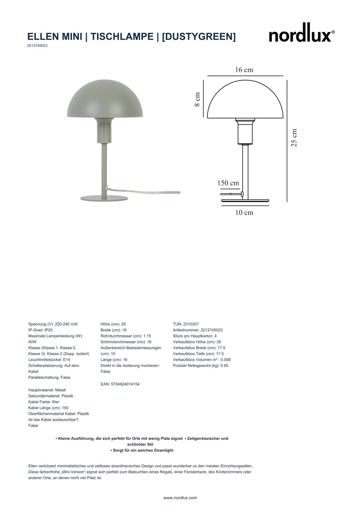 Nordlux ELLEN MINI Tischlampe im 2er-Set – Skandinavisches Design, E14 Fassung (max. 40W), Schalter am Kabel, Staubgrün – Platzsparend & Perfekt für Regale, Fensterbänke & Kinderzimmer