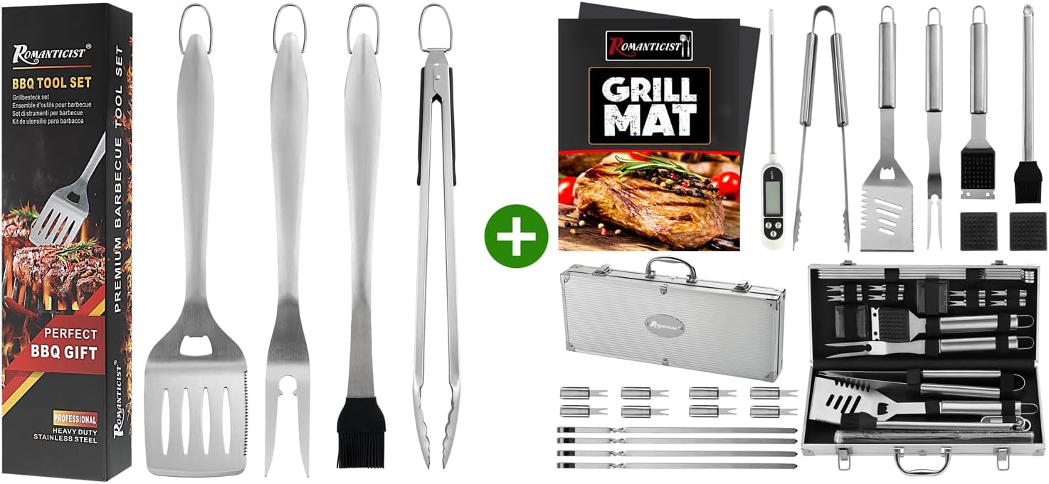 ROMANTICIST 4PC Heavy Duty Grill Accessories Bundle with Must-Have 23PC BBQ Grill Accessories Set with Thermometer in Case - Stainless Steel Barbecue Tool Set