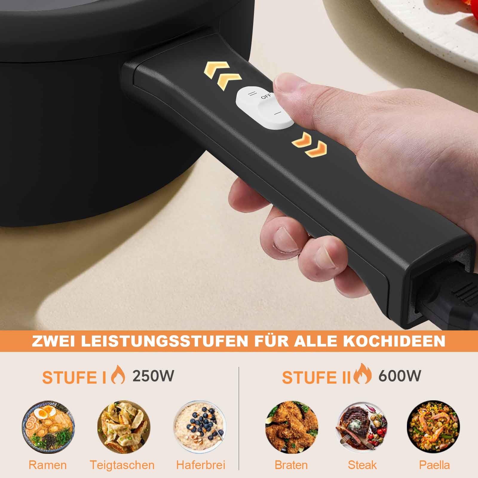 DEZIN Elektrische Hot Pot, 2L Antihaft Elektropfanne, schneller Nudelkocher | mit Dampfgarer,Tragbarer Multikocher, Leistungsanpassung, 250W/600W für Steak, Ei, gebratenen Reis, Ramen, Haferflocken,Suppe