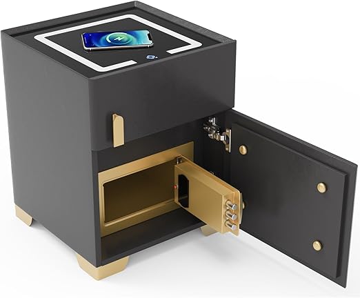 Smart Nightstand with Drawer and Safe,Nightstand with Wireless Charging, Solid Wood Night Stand with Drawers, LED Bedside Tables with Strongbox for Bedroom,Office (Dark Gray)