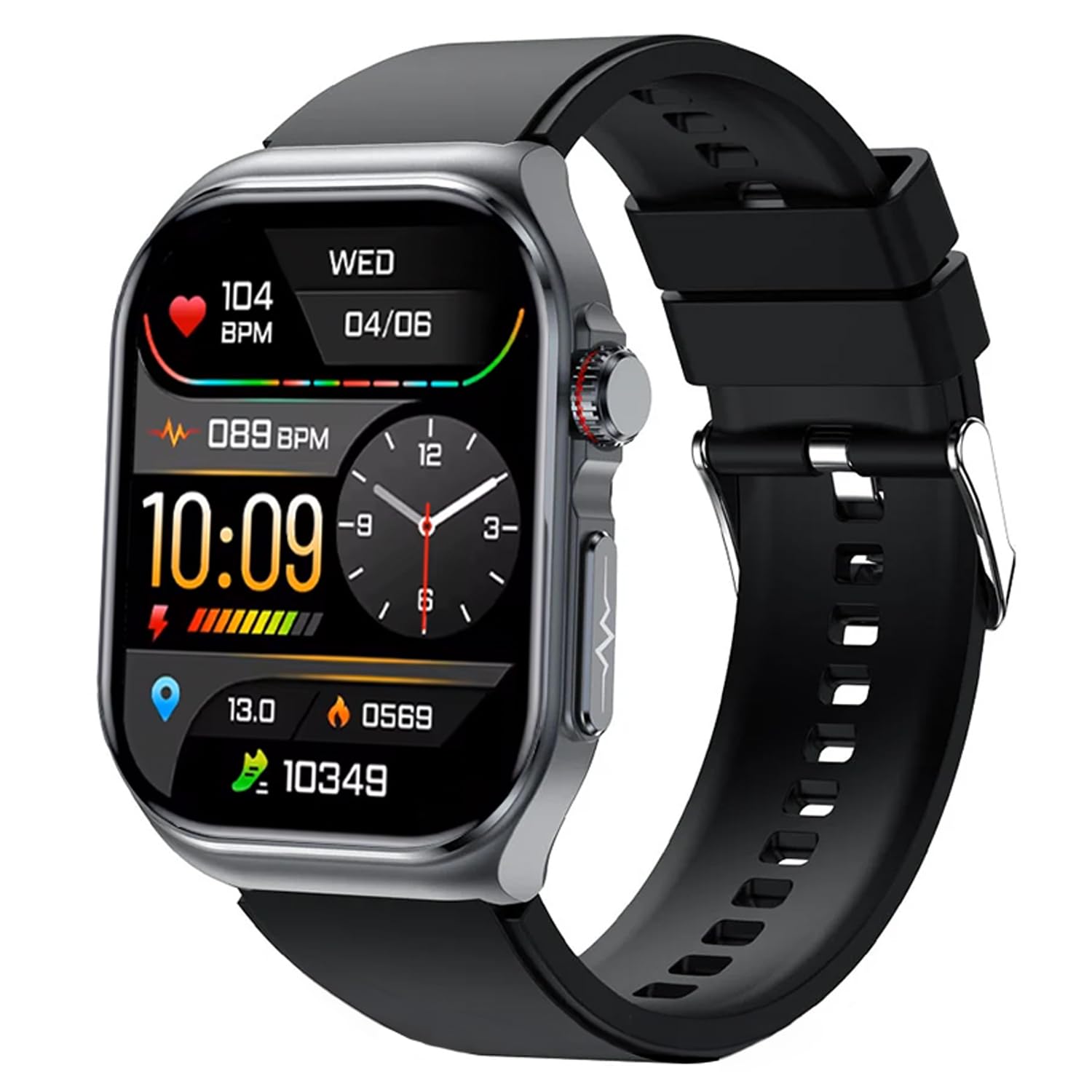 Knauermann PRO 3 Fan Edition eckig (2025) Grau, Gesundheitsuhr Smartwatch mit Telefoniefunktion, EKG Plus HRV und SOS Funktion, BT Bluetooth, Schlafapnoe, Silikonband Schwarz, 14-24