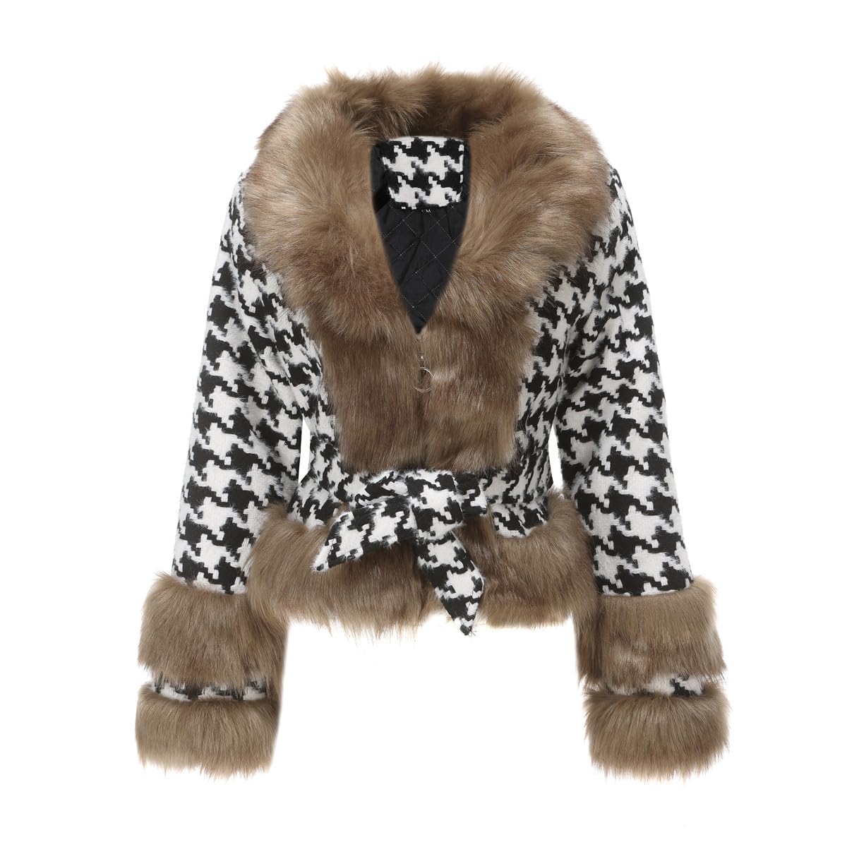 Cropped Houndstooth Blazer Women Fashion Casual Outerwear Zip Up Winter Coat With Fuzzy Faux Fur Collar JNZJK019