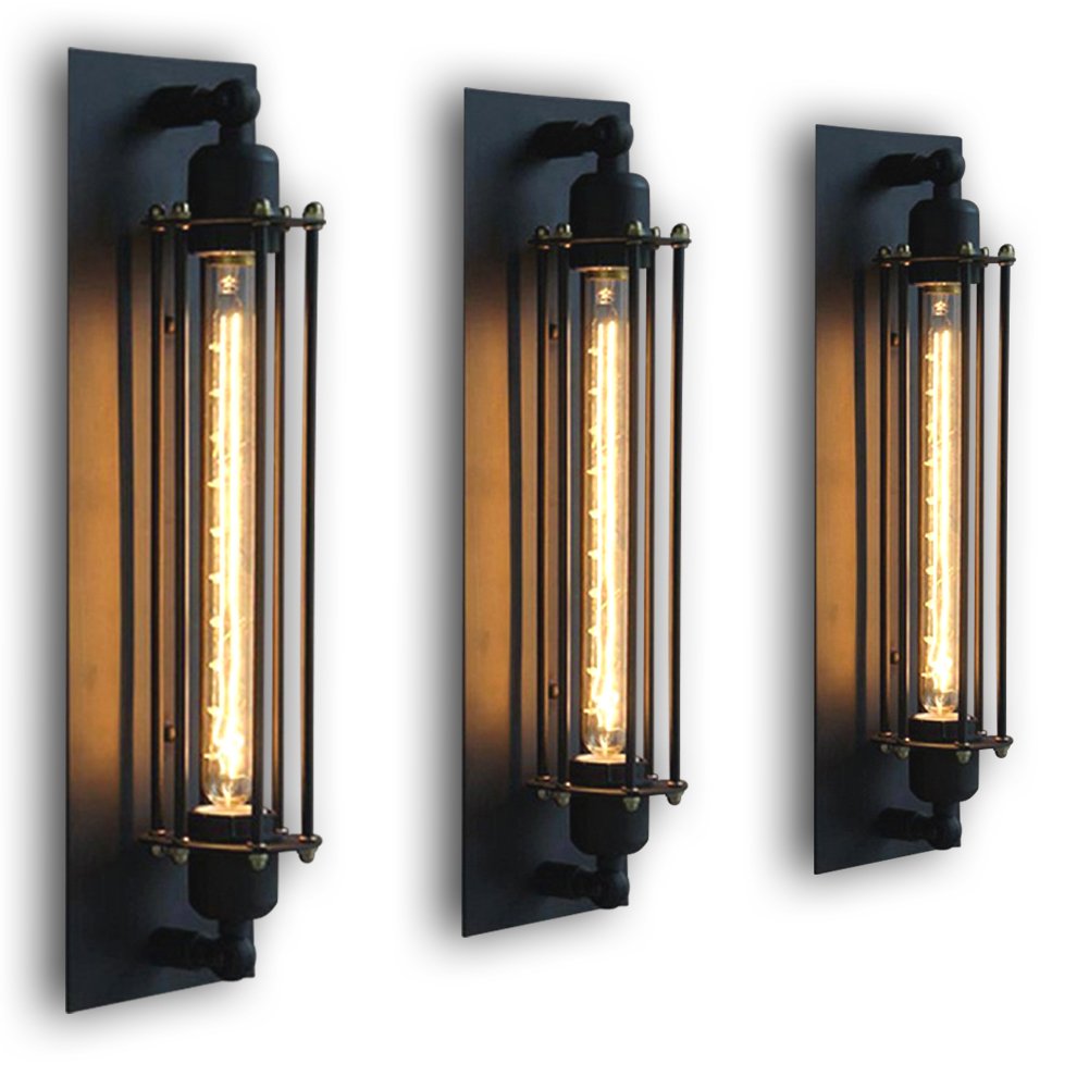 Tohmlape Black Fltrade Edison Wall Light Vintage Retro Metal Cafés Antique Wall Light Tube Cage Loft Lighting Warm White, T300 220.00Volts