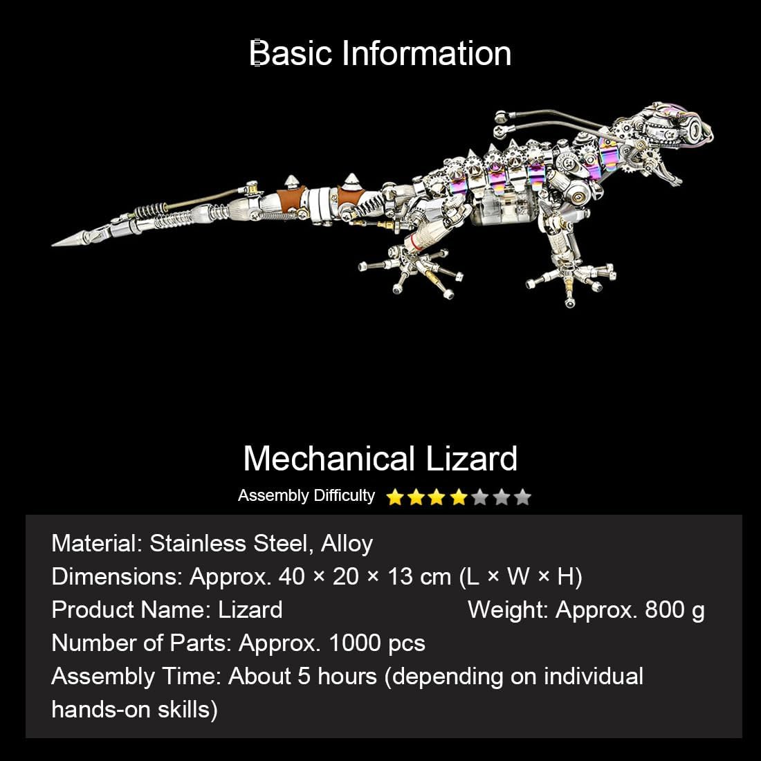 3D Metal Puzzle for Adults, 3D DIY Mechanical Lizard Model Kit, Articulated Steampunk Mechanical Animal Assembly Model with LED, Brain Teaser Puzzles for Stress Relief, Desk Decor for Adults, 1000PCS