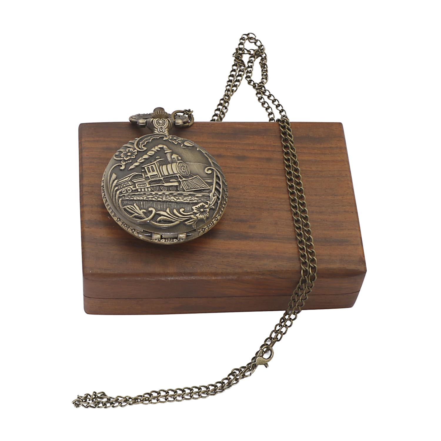Rail Bronze Antique Train Pocket Watch with Roman Number Dial with Wooden Box for Men and Women