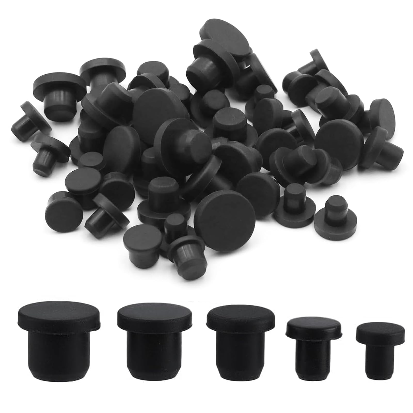50 Tappi in gomma in silicone, 5 Misure Tappo per Fori, Nero Rotondo in Gomma Impermeabile Coperture per Fori per Bottoni Tappo Flessibile Morbido Adatto per fori con diametro interno di 4-9,5 mm