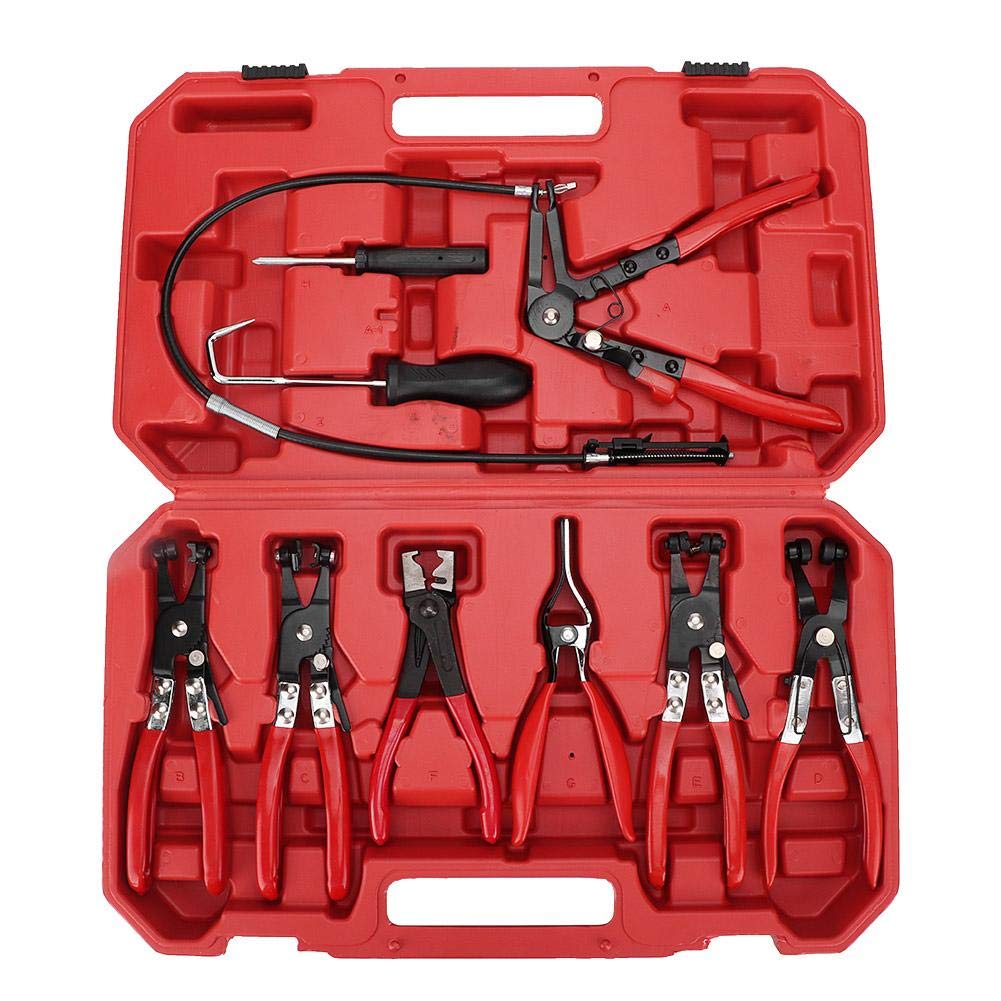 Juego de 10 alicates de abrazadera de manguera, kit de alicates de abrazadera para clips autoajustables de 18-54 mm, alicates de clip de banda de mandíbula giratoria con cable de bloqueo, kit de