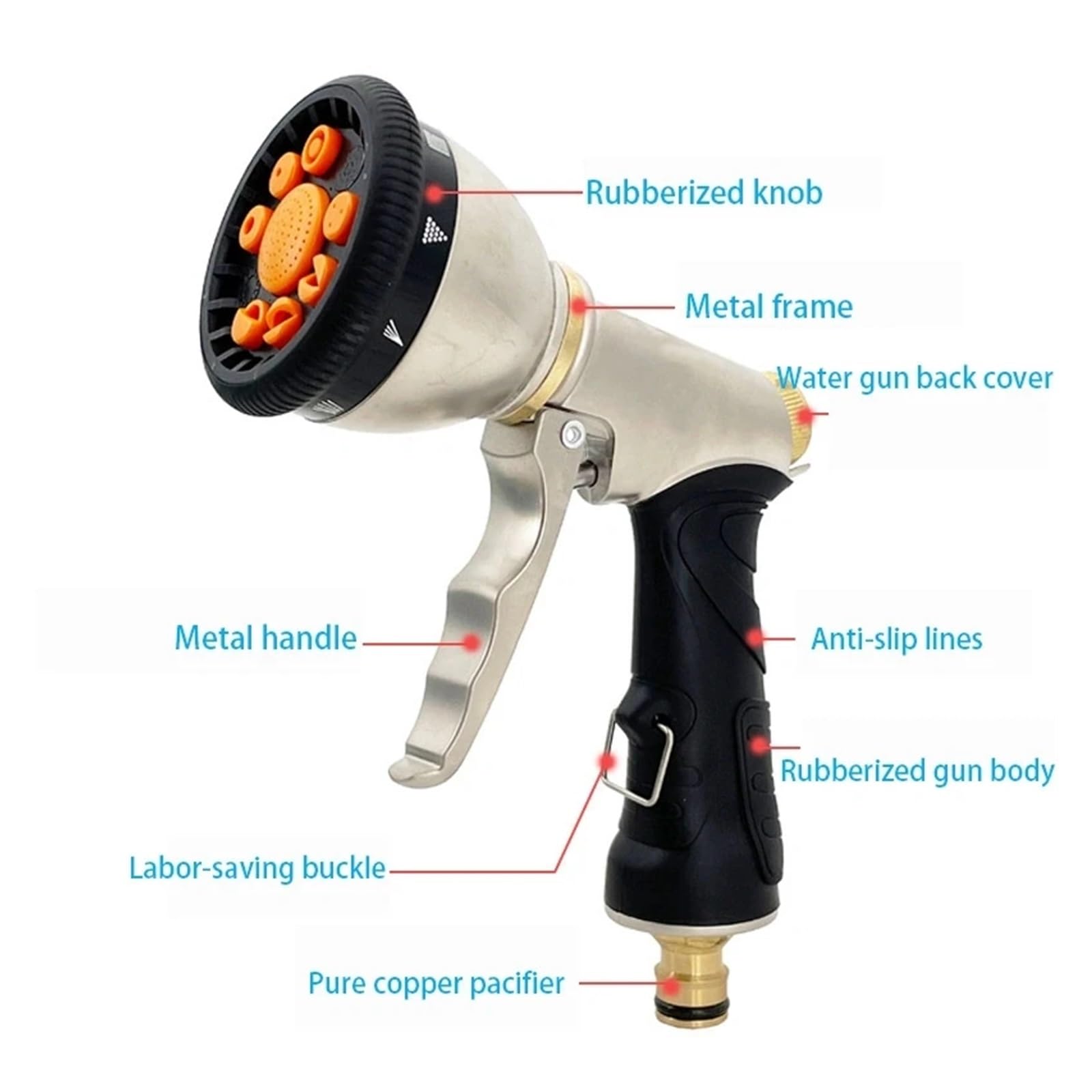 Pistolet d'arrosage avec embout multi-jets, Pulvérisateur d'eau de jardin en alliage Zinc, 8 fonctions, for arroser la pelouse et le lavage voiture, nettoyage