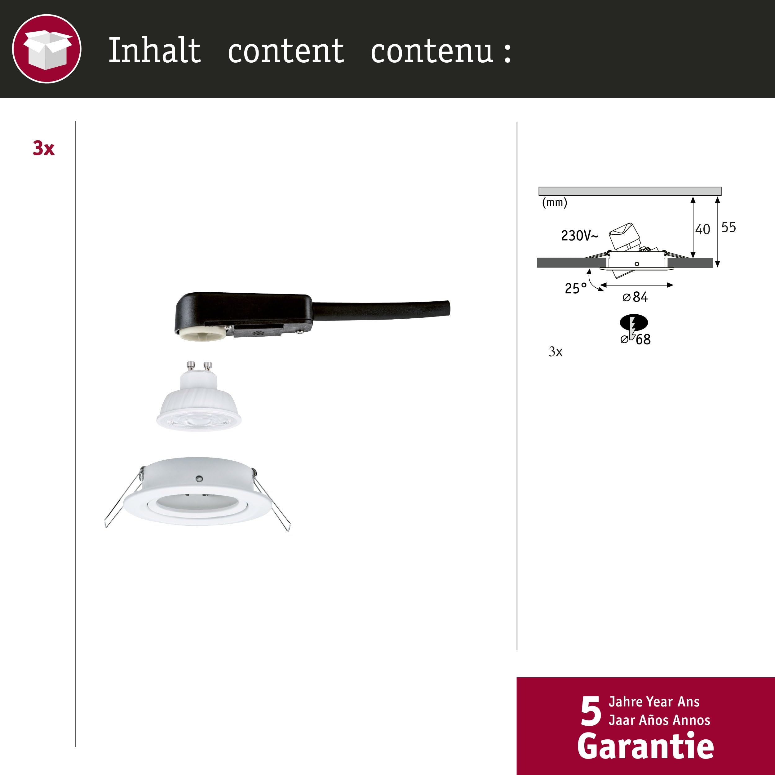 Paulmann Nova GU10 Flat orientable LED Spot encastrés 3x4,9W 3x550lm 230V 2700K blanc dépoli
