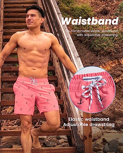 MaaMgic Badehose Herren Schnelltrocknende Badeshorts Jungen Strand Strandurlaub Surf Freizeit Laufen Sport mit Netzfutter Taschen einstellbare Kordelzug MEHRWEG-M-Anker Pink