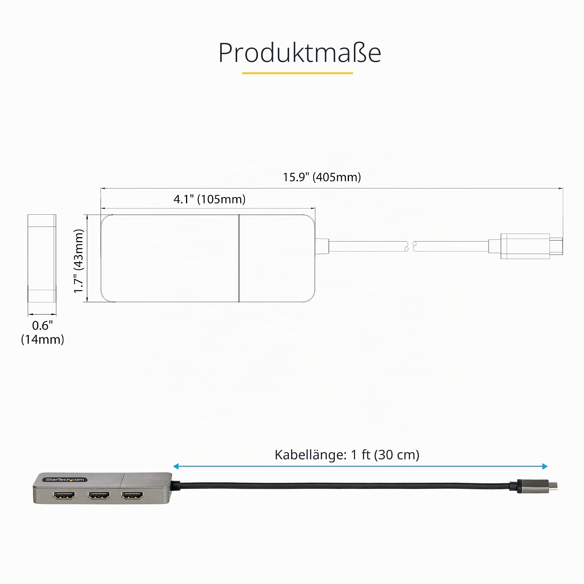 StarTech USB-C auf 3X HDMI MST Hub, Dreifach 4K 60Hz, HDR, DSC, nur Windows | Multi-Monitor Adapter, 2ch Audio, HDCP 2.2, Laptop Splitter, TB3/TB4/USB4, 30cm Kabel