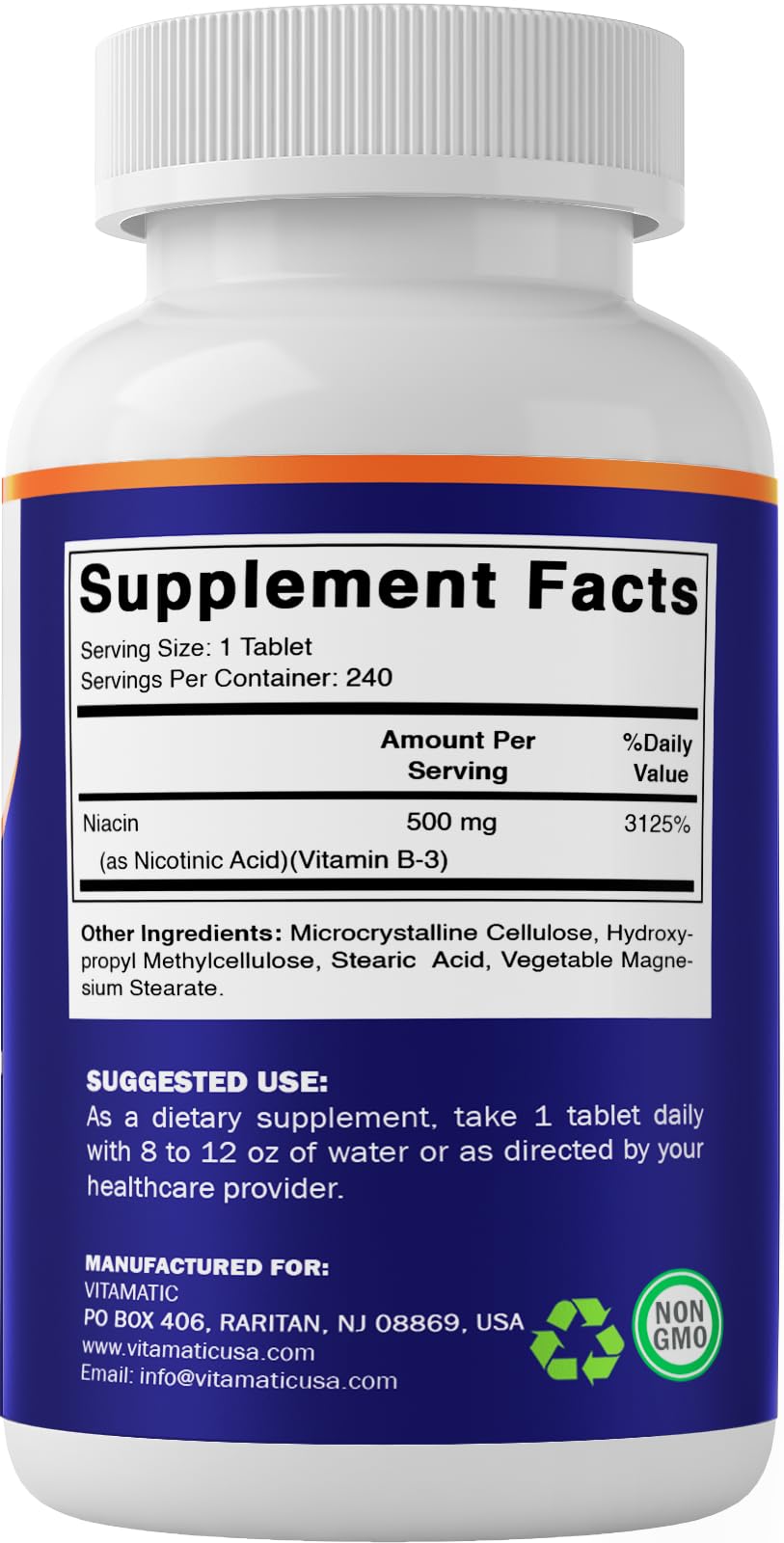 Vitamatic Niacin (Vitamin B3) 500mg, 240 Tablets - Non-GMO & Gluten Free- 480 Tablets (Pack of 2) — Amazon image 8