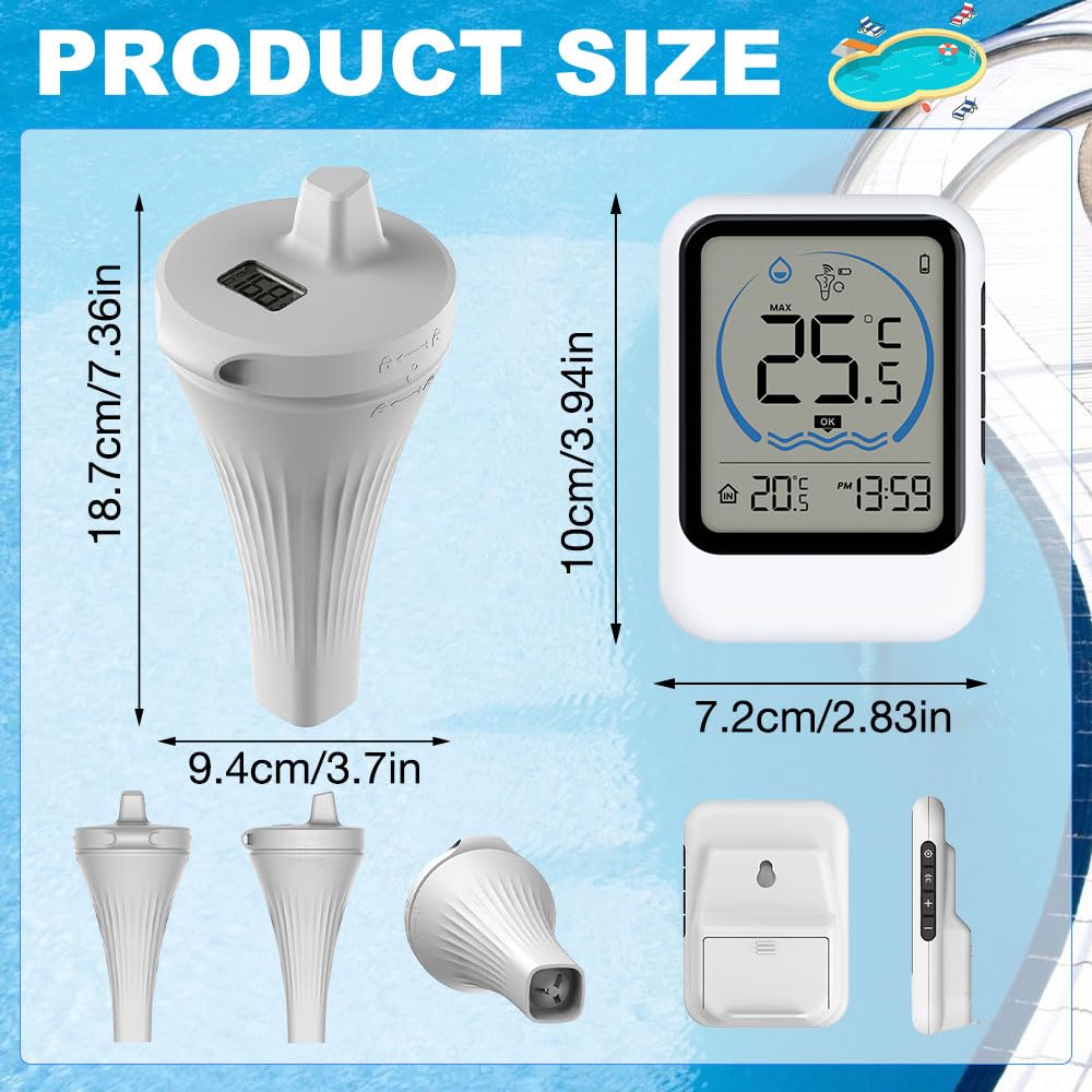 Thermomètre Piscine Sans Fil, Thermomètre de Piscine Flottant avec Capteur Extérieur, Thermomètre Piscine Connecté WiFi pour Spa, Jacuzzi, Baignoire et Étangs (Sans Pile)