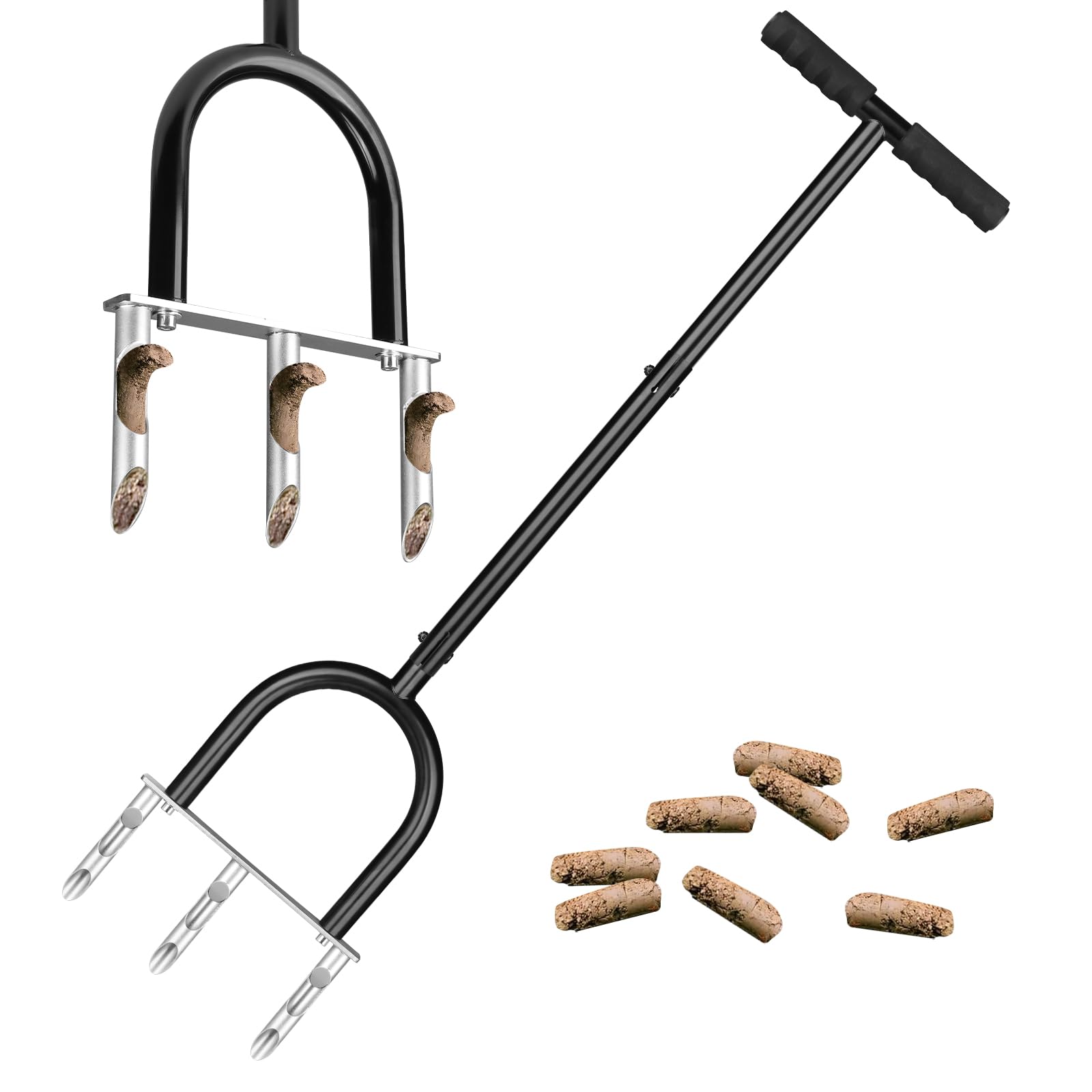 Lawn Core Aerator - Lawn Spike Aerator, Hollow Tine Grass Aerating Tool with 3 Cores and T-Handle, Heavy-Duty Manual Lawn Aerator for Compacted Soil, Root Aeration & Nutrient Absorption