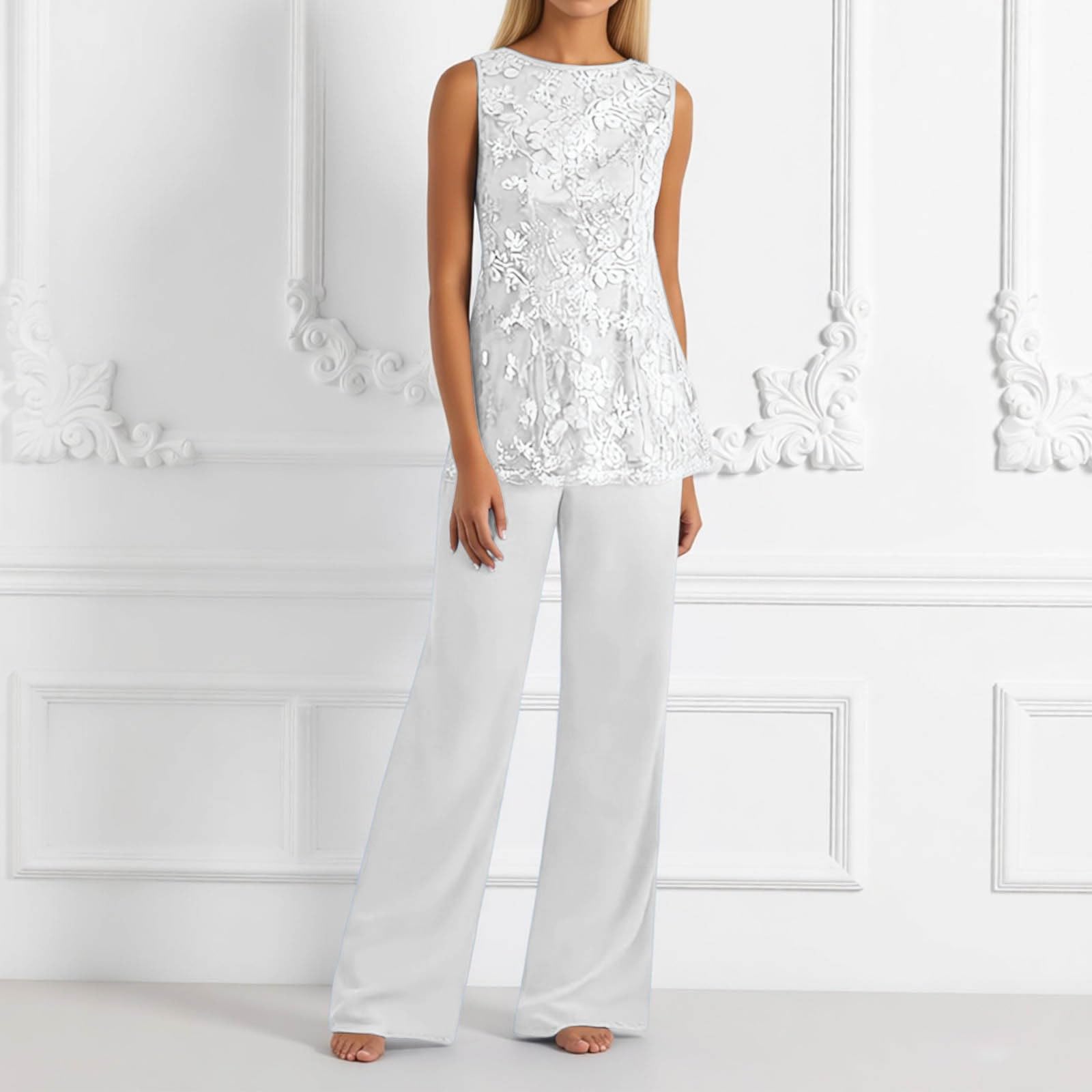 Elegante Conjunto de Pantalón Ancho en Gasa con Detalles de Encaje y Estampado Floral para Ocasiones y Eventos Formales