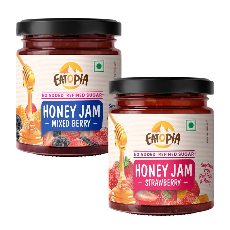 Sugar Free Mixed Berry & Strawberry Honey Jam | 100% Pure & Natural | Healthy Jam for Kids & Adults | No Added Flavours & Preservatives | 70% Real Fruits & Wild Honey | Pack of 2 | 480g
