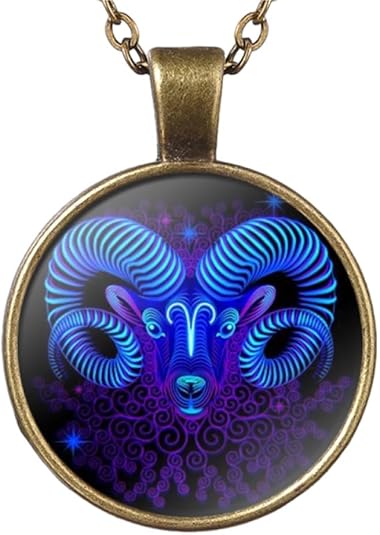 Charm Zodiac Sign Necklace For Women 12 Constellation Creative Letters Pattern Cabochon Glass Charm Pendant Retro Clavicle Chain,Jewelry Gift Accessories