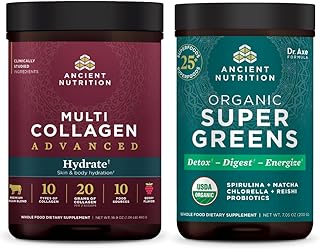 Ancient Nutrition Multi Collagen Advanced Powder Hydrate, Mixed Berry, 30 Servings + Organic Supergreens Power, Greens Fla...