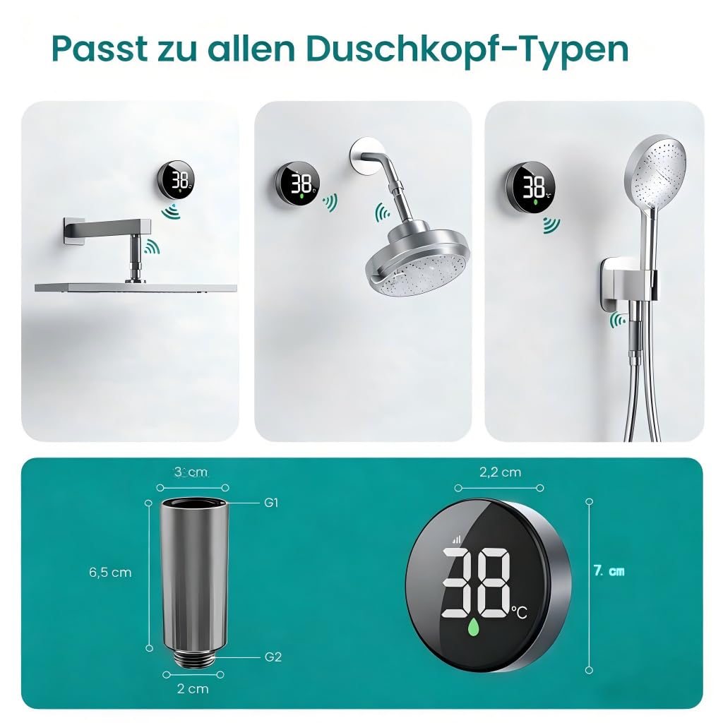Longriver MX08 Drahtloser Duschtemperaturmonitor mit Wasserdichtem Echtzeit-Anzeige, Wasserbetriebener Sensoreinheit – Kompatibel mit Den Meisten Duschtöpfen, Zwischen °F und °C umschalten