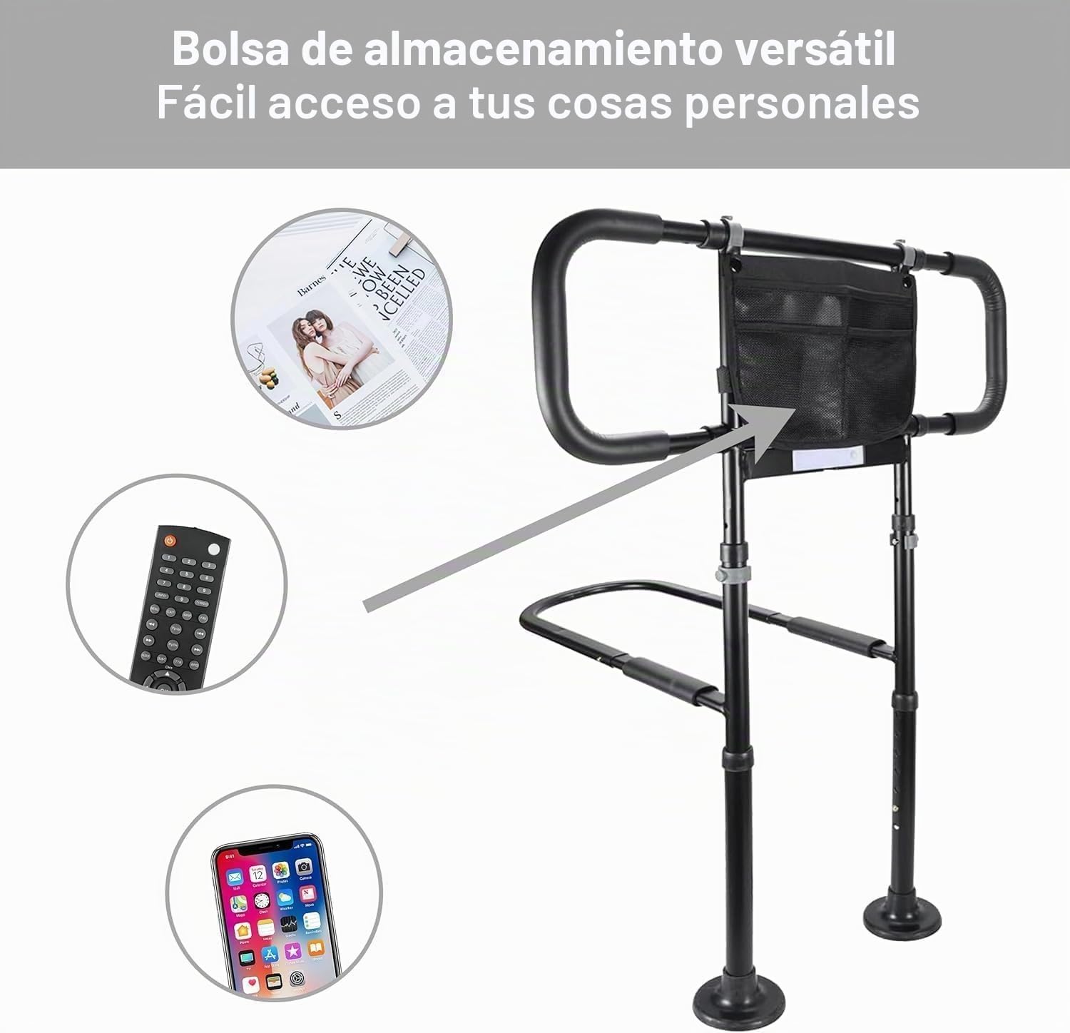 Barra de Apoyo Ajustable para Cama, Ayuda para Mayores | Estructura robusta, agarre antideslizante, correa de fijación, doble iluminación y montaje sin herramientas para levantarse