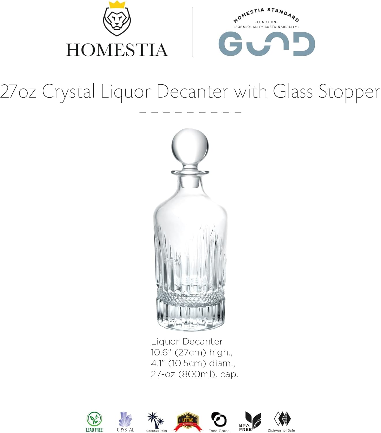 Homestia Whiskey Decanter with Glass Stopper, 27oz Liquor Decanter For Alcohol, Wine, Scotch, Brandy or Bourbon Decanter, Lead-Free Crystal Bottle Decanters for Home Bar