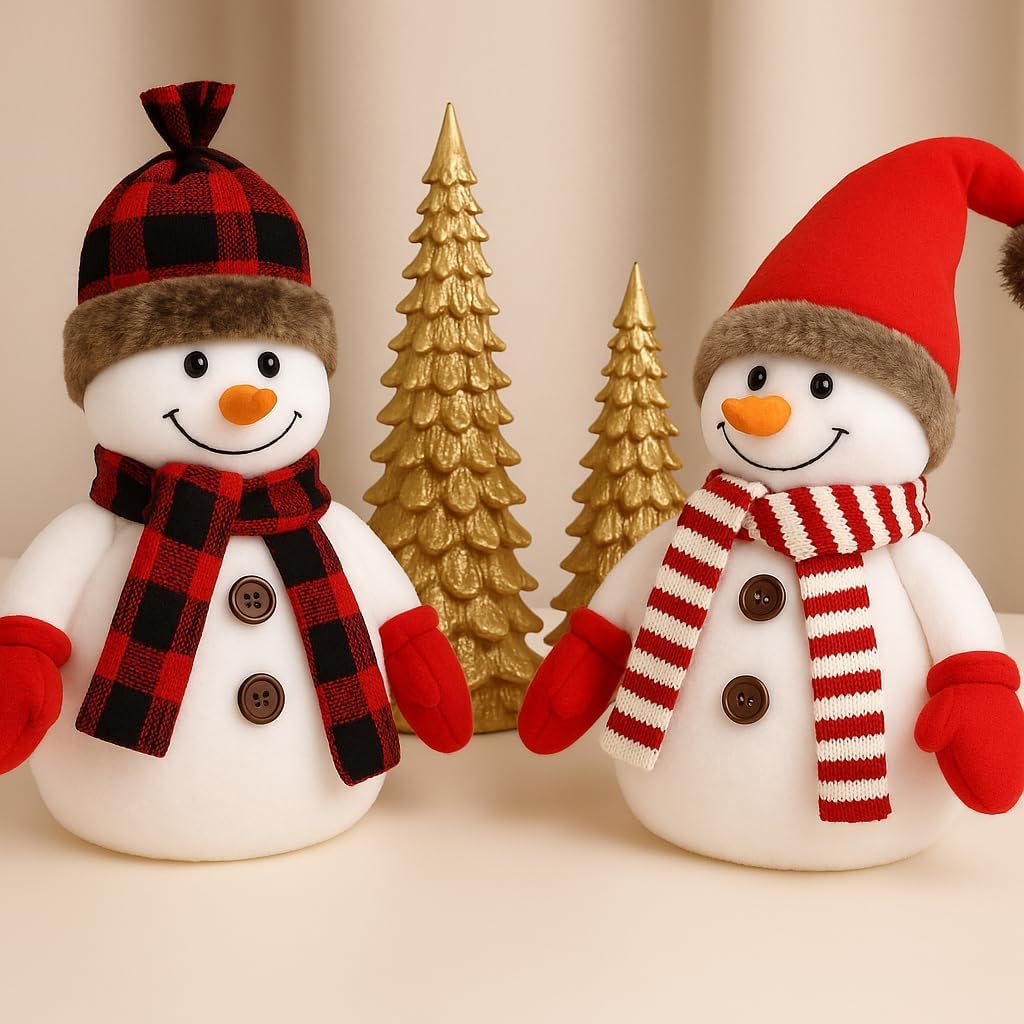 2 Pcs Christmas Table Decorations Christmas Plush Snowman Figurines Xmas Tabletop Ornaments for Home Kitchen Mantel Fireplace Window Sill Xmas Gift Holiday Party Decor