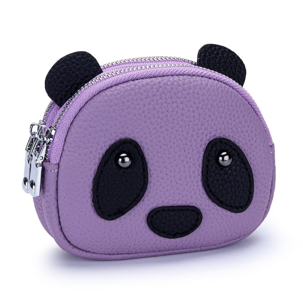 Cute Panda Shape Women's Small Compact Double Zipper Luxury Genuine Leather Pocket Wallet ， Mini Change/Coin Bag with Keychain (purple)