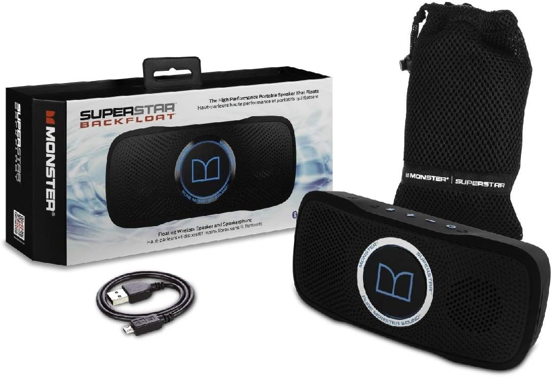 Agbọrọsọ Monster SuperStar BackFloat pẹlu apoti rẹ, okun USB, ati apo gbigbe apapo